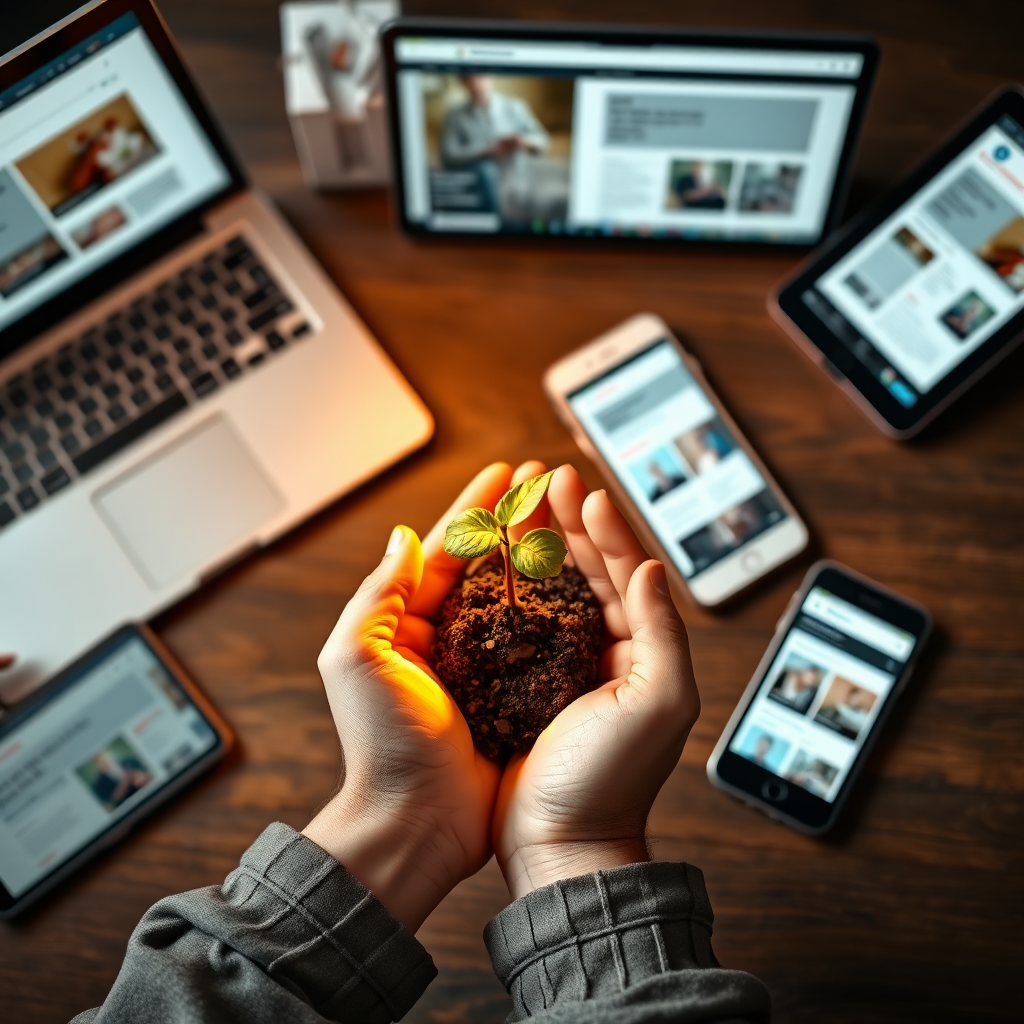  A person nurturing a small seedling (representing a new business) in their hands. The seedling is radiating a soft, golden light. Around the person are various devices: a laptop, tablet, and smartphone, all displaying content from the nurtured business. Focus on the hands and the seedling, emphasizing the care and potential. Style: Warm, inviting, and nurturing. Technical Specs: 4K resolution, soft focus.