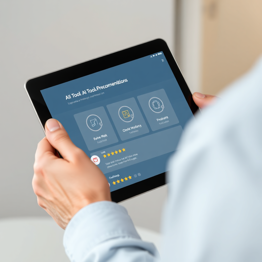 A person receiving personalized AI tool recommendations on a tablet. Show different AI icons and ratings. Use a clean and modern UI design. 4K resolution.