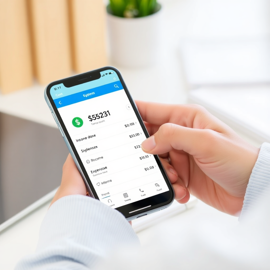 A person using a budgeting app on their smartphone, with a visual representation of income and expenses displayed clearly. The image should be bright and user-friendly, emphasizing the ease of use of modern budgeting tools. The background should be a clean and uncluttered workspace.