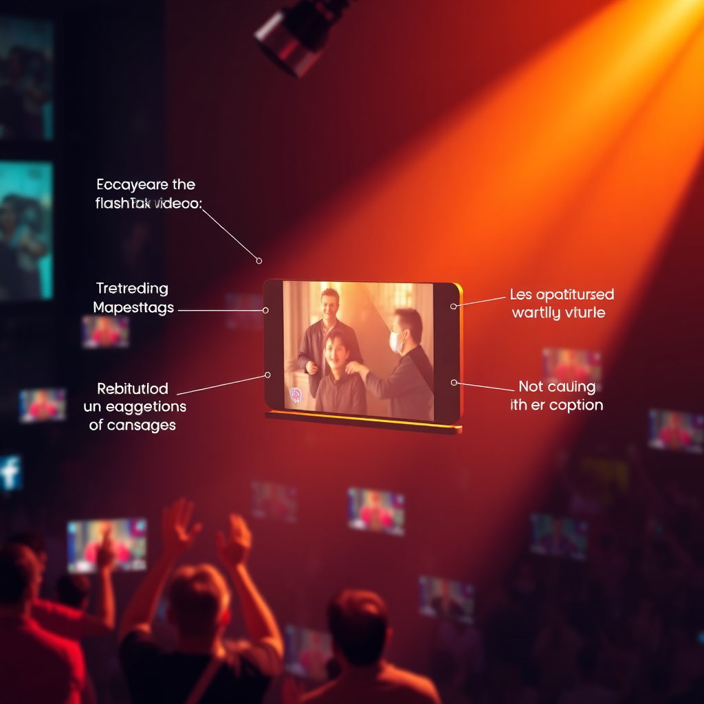 A photorealistic 4K image depicting a spotlight shining on a TikTok video, highlighting its key elements such as trending hashtags, engaging captions, and captivating visuals. The background should be filled with other videos that are less visible, suggesting they are not optimized for the algorithm. The color palette should be bright and eye-catching, with warm tones for the spotlight and cooler tones for the background. Emphasize the impact of strategic optimization on content visibility and engagement.