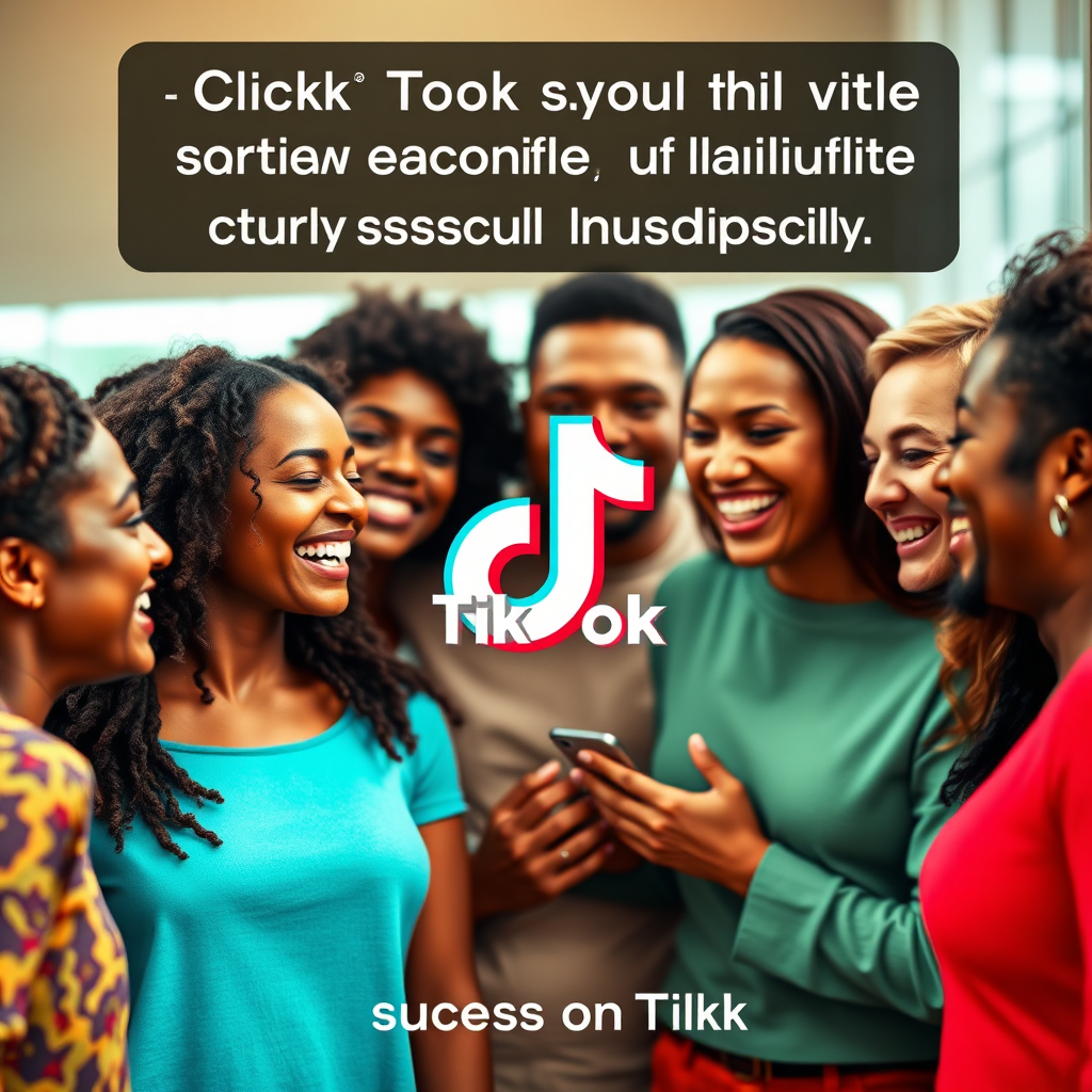 A photorealistic 4K image depicting a diverse group of people gathered around a TikTok logo, laughing and interacting with each other. The people are representative of different demographics and backgrounds. The background should be blurred and abstract, suggesting the global reach of the TikTok platform. The color palette should be warm and inviting, with bright and cheerful tones dominating the scene. Emphasize the importance of community building for achieving long-term success on TikTok.