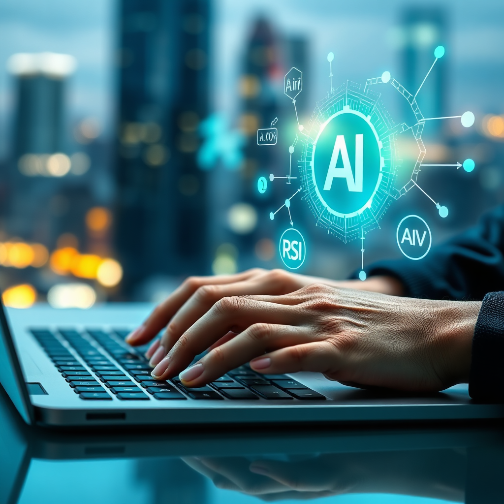 A photorealistic close-up shot of a person's hands typing on a laptop, with holographic AI icons and algorithms floating above the keyboard. The background is a blurred cityscape, emphasizing the potential of AI in the modern world. The color palette consists of vibrant blues and greens, representing technology and growth. The lighting is soft and diffused, creating a sense of focus and concentration. The image conveys the idea of empowerment and control through AI knowledge. 4K resolution, high quality.