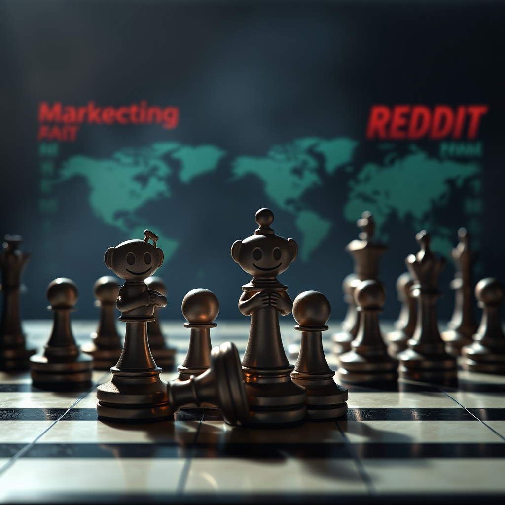 A photorealistic depiction of a digital chessboard, with strategic pieces representing Reddit marketing tactics. The lighting is dramatic and focused, highlighting the importance of strategic planning. 4k resolution.