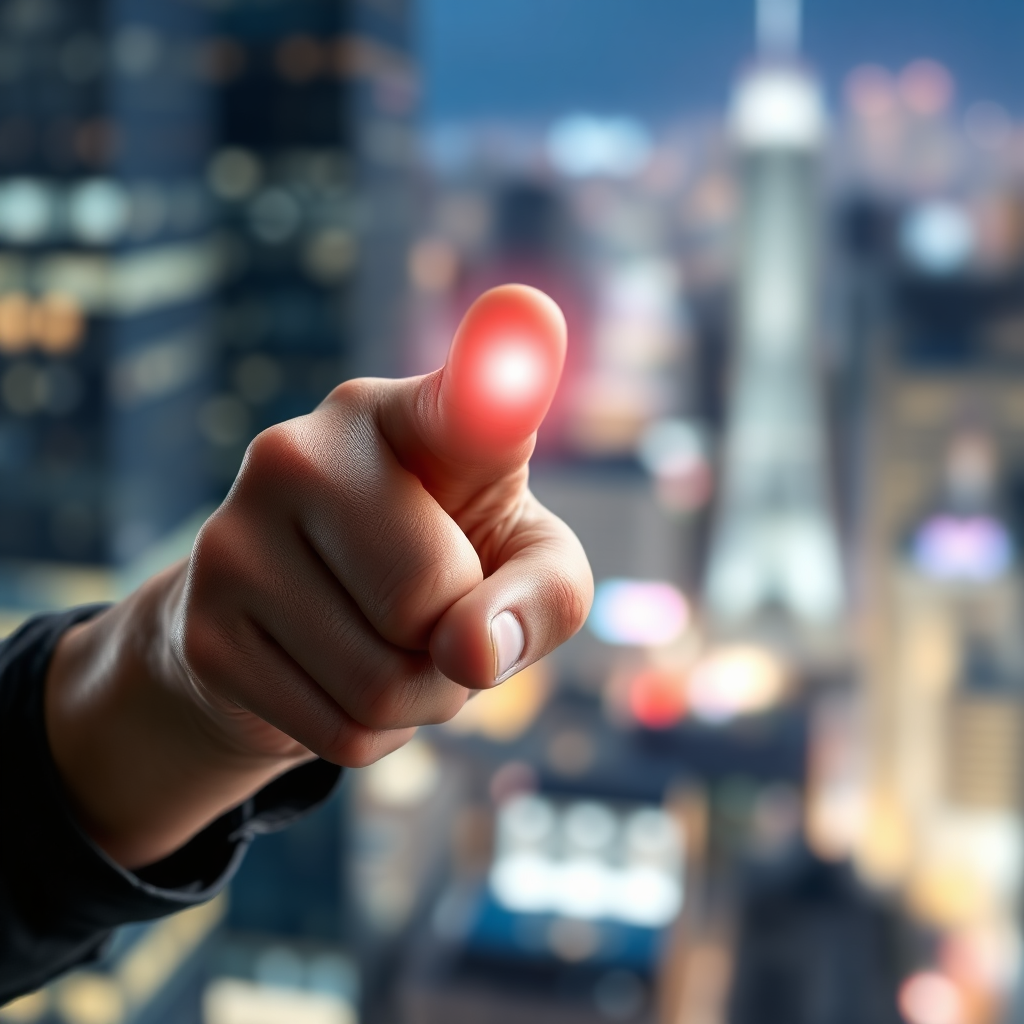 A photorealistic hand pointing directly at the viewer, with a glowing button hovering just above the fingertip. The background is a blurred, abstract representation of a cityscape. Technical specs: 4K resolution, high quality, shallow depth of field.
