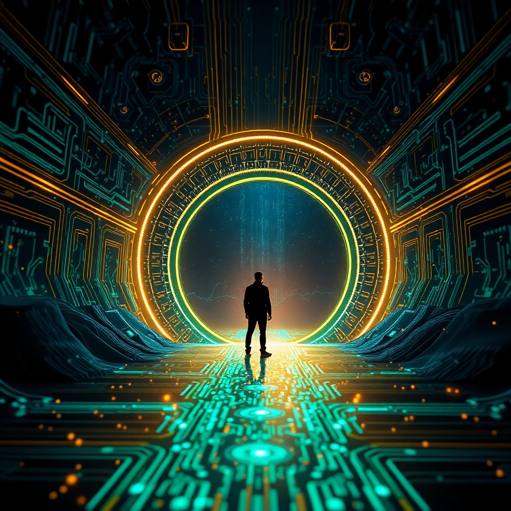 A photorealistic, high-quality image depicting the concept of a 'CPA Loophole.' The scene should feature a futuristic digital landscape with glowing circuit patterns forming a hidden path or gateway. A figure, subtly silhouetted, stands at the entrance, appearing to step into the 'loophole'. Use a color palette of deep blues, electric greens, and subtle gold highlights to emphasize the sense of discovery and opportunity. Focus on sharp details and textures to convey sophistication and innovation. Lighting should be dramatic, with strong contrasts highlighting the 'loophole' entrance. Camera angle: low angle, emphasizing the scale and potential of the digital landscape. Add subtle elements like floating data particles or holographic projections. Style reference: cyberpunk meets financial technology. Technical specs: 8K resolution, hyperrealistic rendering.
