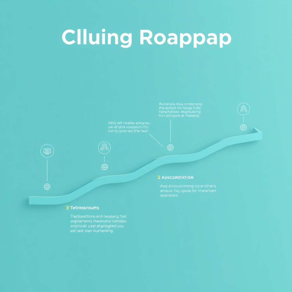 A photorealistic image depicting a clear, step-by-step roadmap with AI icons highlighting key milestones. The background should be a minimalist design with a focus on clarity and simplicity. The color palette should consist of calming blues and greens, promoting a sense of focus and organization. The lighting should be soft and even, emphasizing the roadmap's structure and accessibility. The image conveys the idea of guidance, clarity, and progress. 4K resolution, high quality.