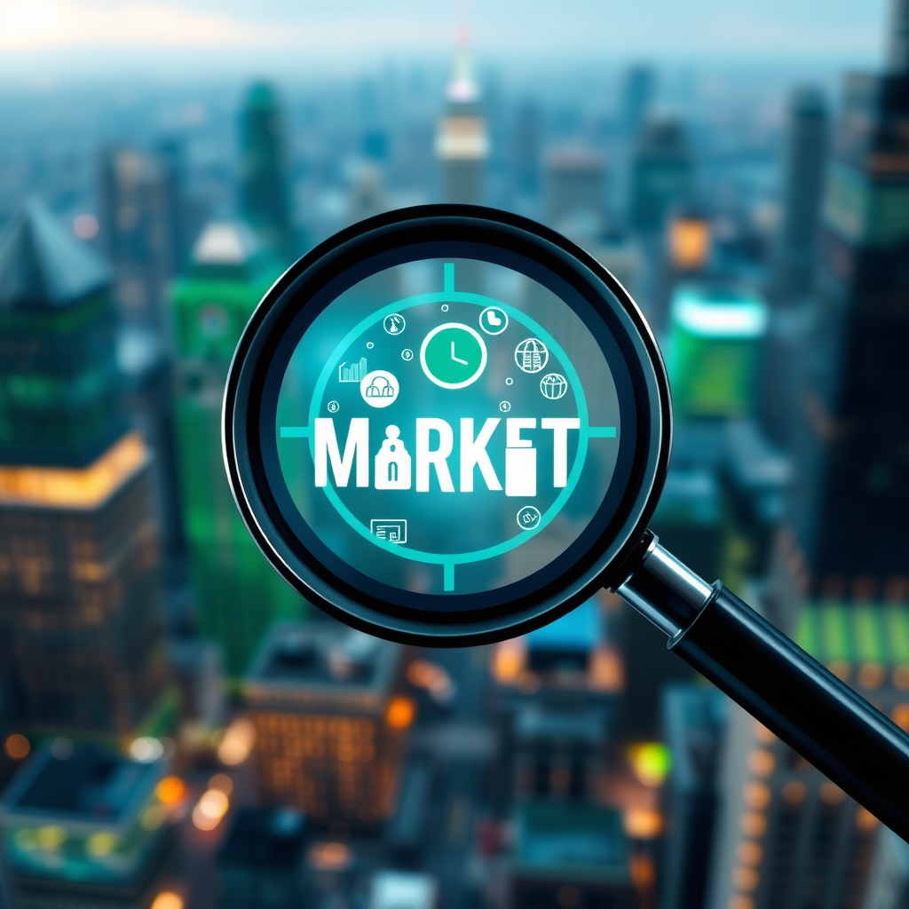 A photorealistic image depicting a magnifying glass focusing on a target market with AI icons highlighting profitable opportunities. The background should be a blurred cityscape, representing the vastness of the market. The color palette should consist of vibrant greens and blues, signifying growth and potential. The lighting should be sharp and focused, emphasizing the precision of niche identification. The image conveys the idea of opportunity, precision, and market analysis. 4K resolution, high quality.
