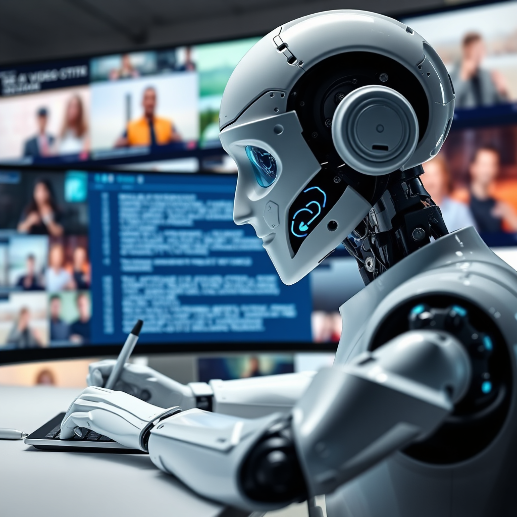 A photorealistic image depicting an AI interface writing a video script. The background shows a montage of various video genres. The color palette is clean and modern, using whites, blues, and greens to convey technology and creativity. The lighting is soft and diffused, highlighting the AI's efficiency. The composition is focused on the AI interface, with subtle visual cues indicating the type of video being generated.