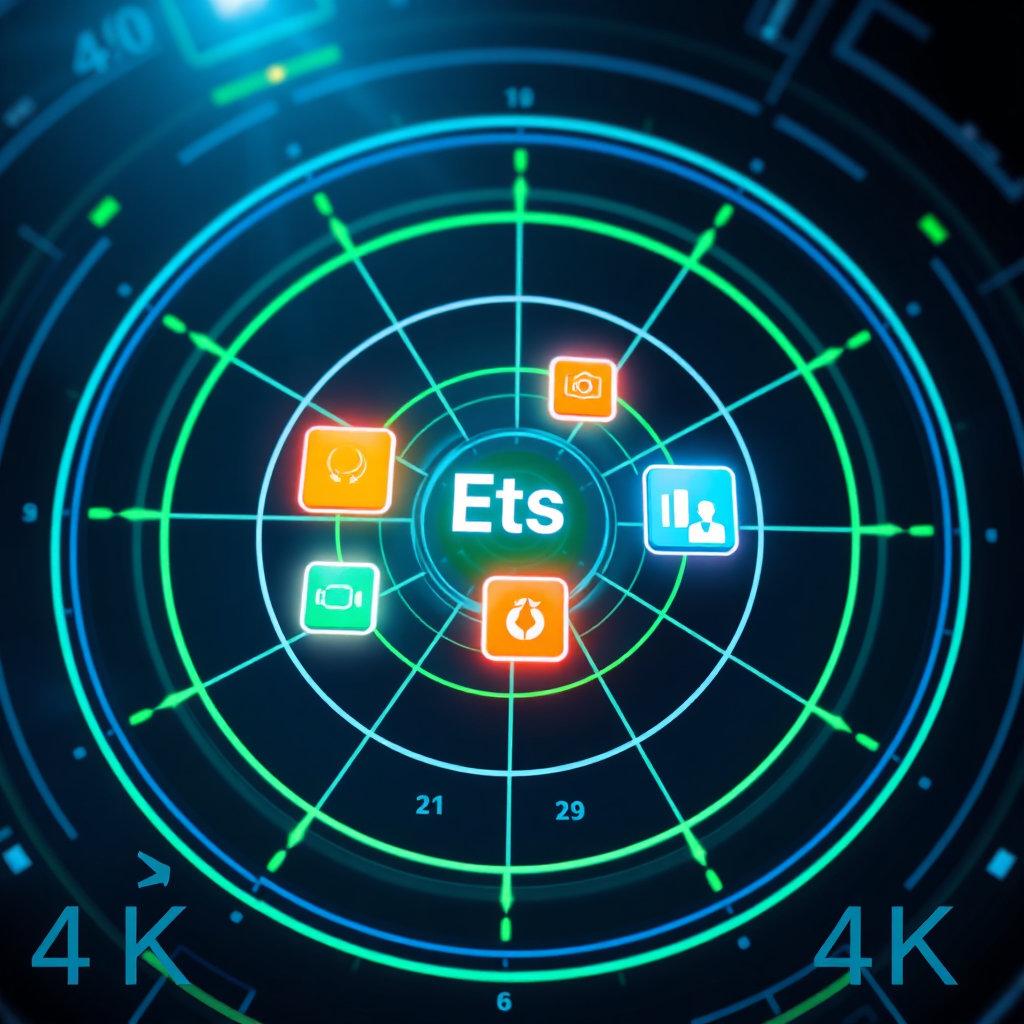 A photorealistic image depicting a radar screen with Etsy product icons as blips, highlighting the concept of visibility and discoverability. The color palette should be primarily blue and green, with bright accents to emphasize key areas. The background should be dark and futuristic. Focus on conveying the idea of targeted search and optimization. 4K resolution, high quality.