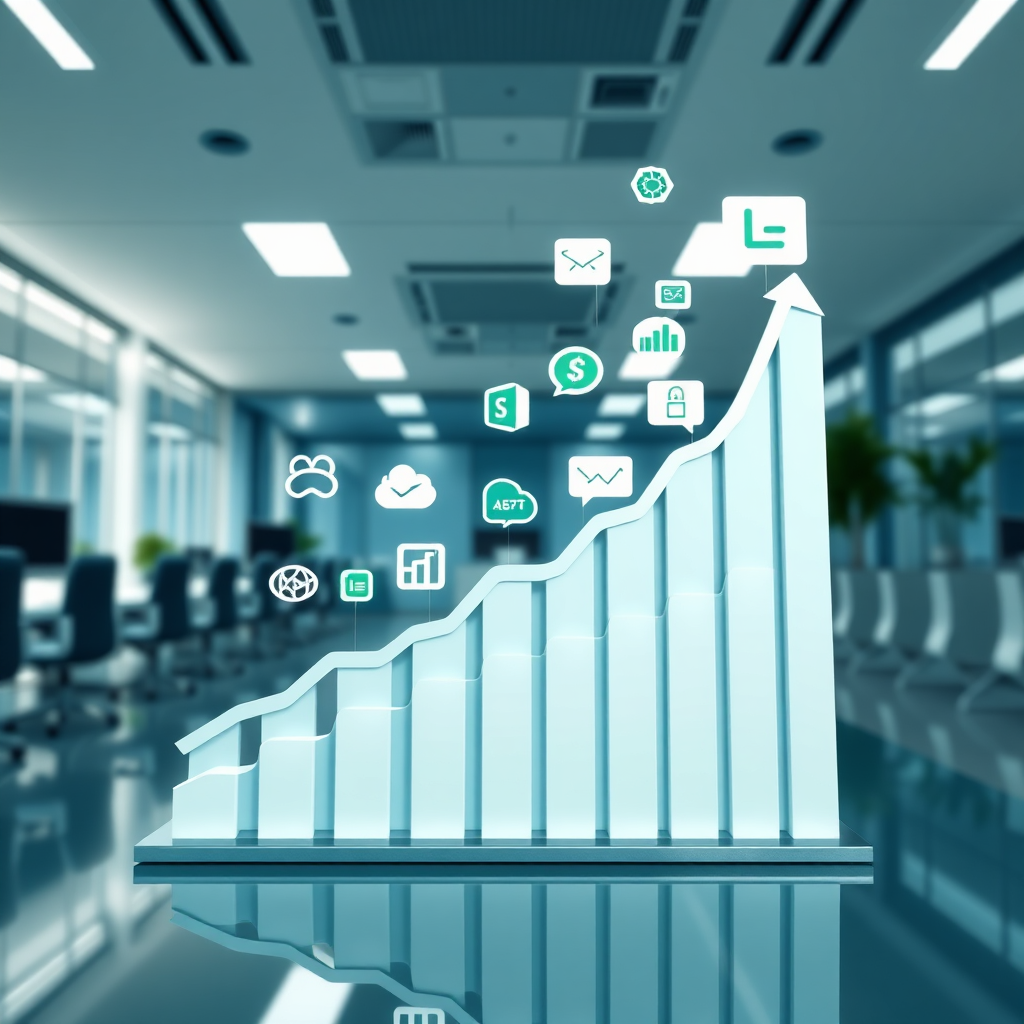A photorealistic image depicting a graph showing exponential growth, with digital product icons rising upwards. The background should be a sleek, modern office environment. The color palette should be bold and optimistic, using shades of blue, green, and white. The camera angle should be dynamic and upward-pointing, conveying the idea of success and expansion. 4K resolution, high quality.