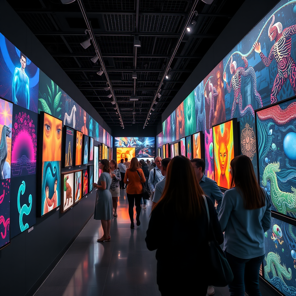 A photorealistic image depicting a digital art gallery filled with vibrant, AI-generated artwork. Visitors are admiring the art, illuminated by soft gallery lighting. Each piece of art represents a potential revenue stream. The camera angle is a wide shot, showcasing the breadth and diversity of the artwork. Color palette is vibrant and diverse. 4K resolution, high quality.
