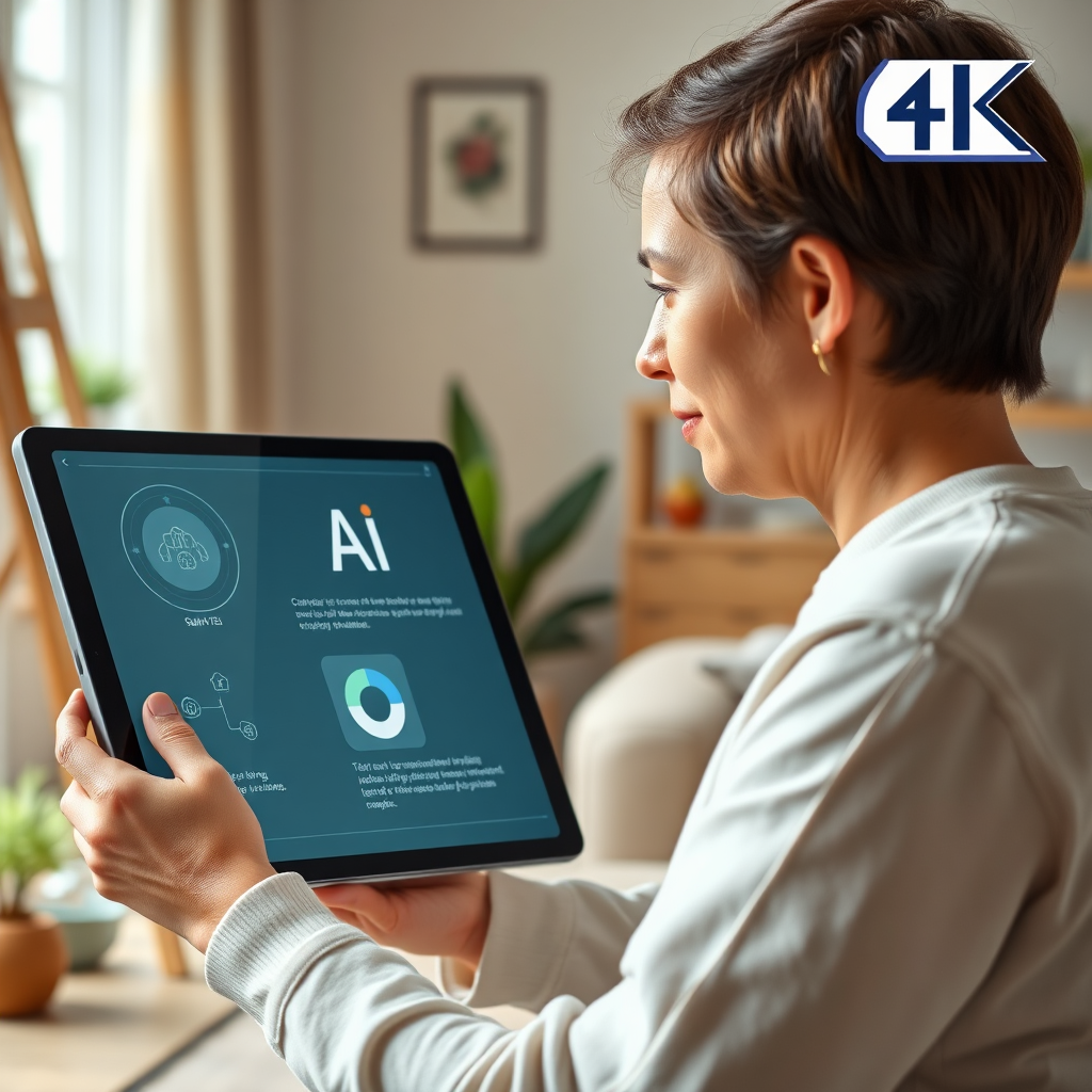 A photorealistic image depicting a person with no visible technical background (e.g., holding a paintbrush or gardening tool) interacting with an AI interface on a tablet. The AI interface is simple and intuitive, with clear instructions. The background is a bright and inviting home setting. 4K resolution, high quality.