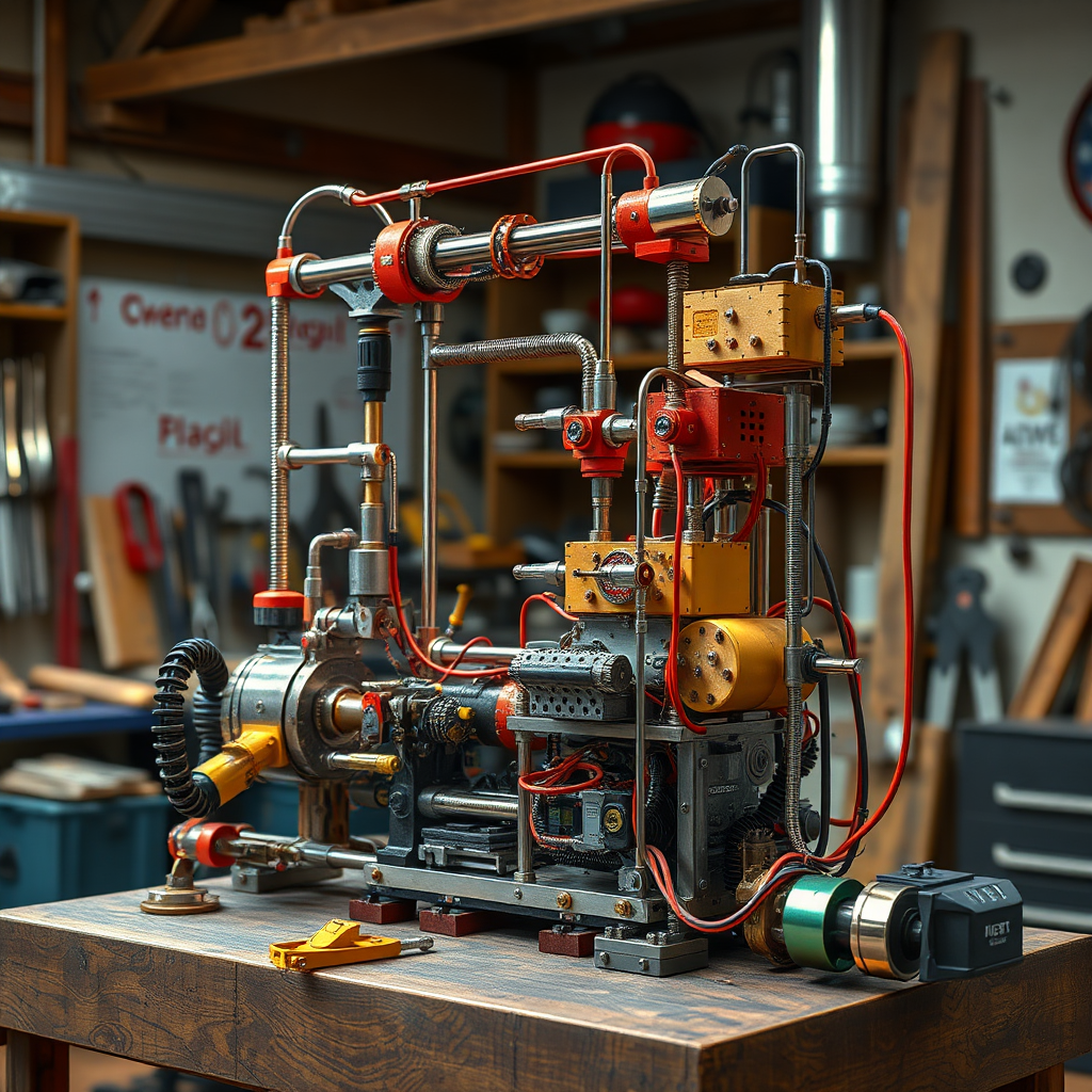 A photorealistic image depicting a Rube Goldberg machine that automates a complex task with seamless efficiency, powered by AI chips. The machine is intricate and fascinating. The background is a workshop setting with tools and equipment. 4K resolution, detailed texture.