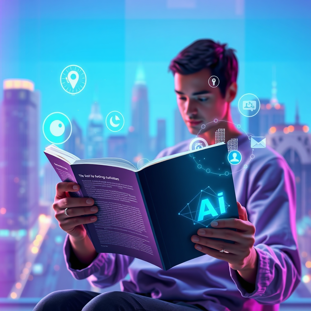 A photorealistic image depicting a person reading a book on AI, with holographic projections of new technologies and trends surrounding them. The background should be a futuristic cityscape, representing the ever-evolving world of AI. The color palette should consist of bright blues and purples, signifying innovation and progress. The lighting should be soft and inviting, emphasizing the importance of continuous learning. The image conveys the idea of knowledge, innovation, and adaptability. 4K resolution, high quality.
