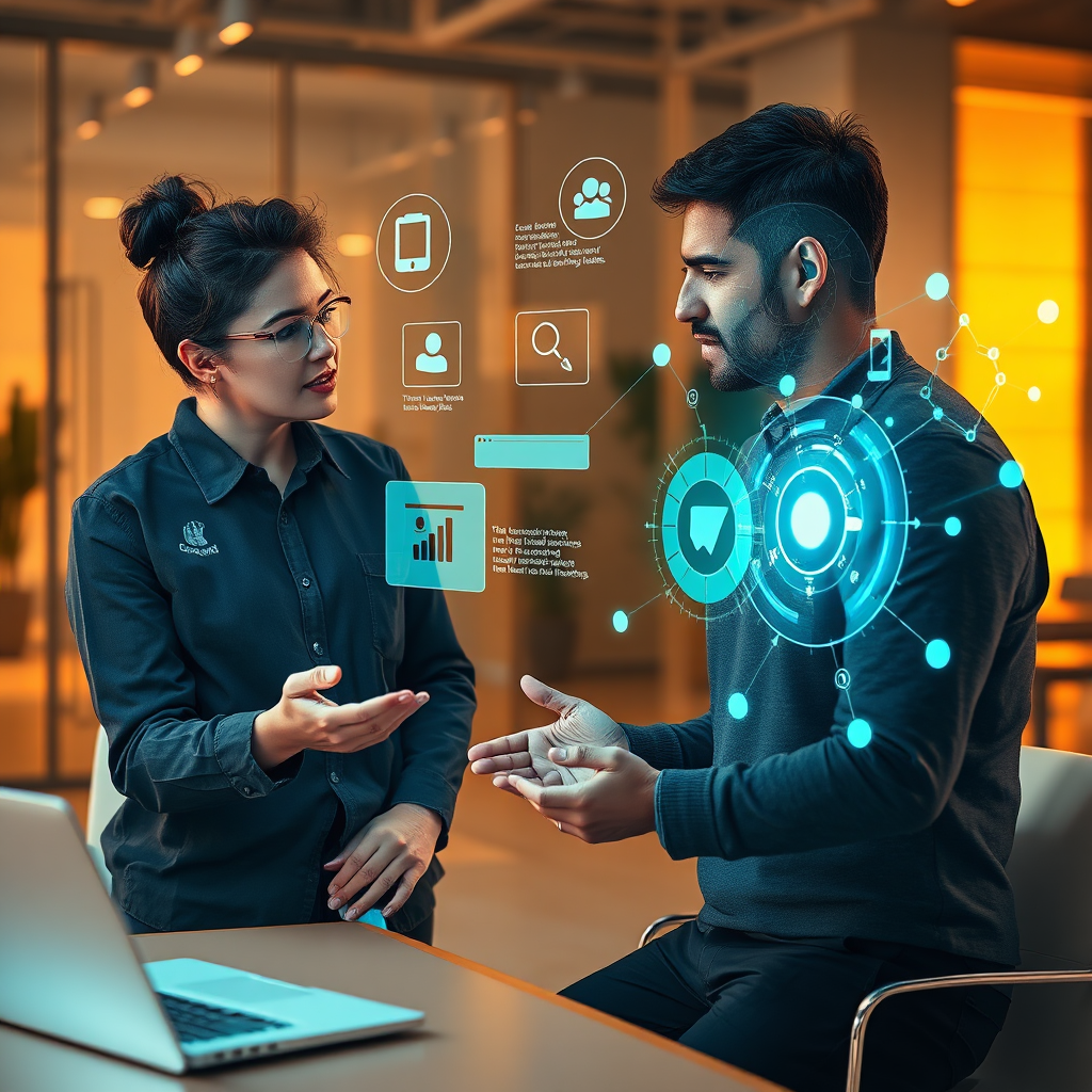 A photorealistic image depicting a coach guiding a student through an AI strategy session, with holographic projections of data and algorithms surrounding them. The background should be a modern office space, representing a collaborative environment. The color palette should consist of warm oranges and yellows, creating a sense of support and guidance. The lighting should be soft and inviting, emphasizing the importance of personalized coaching. The image conveys the idea of guidance, collaboration, and strategy. 4K resolution, high quality.
