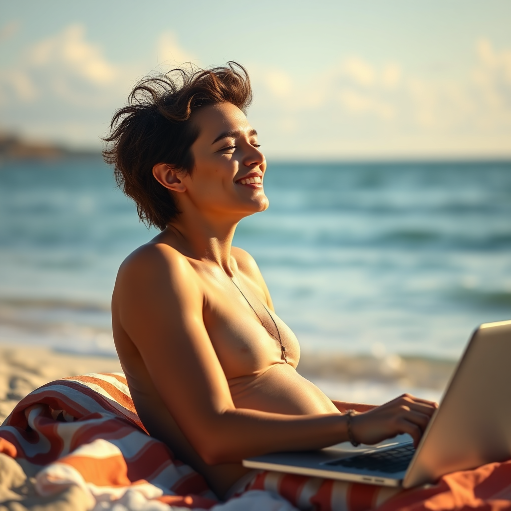 A photorealistic image depicting a person relaxing on a beach, laptop nearby, working remotely with a sense of peace and contentment. The scene captures the essence of financial freedom, with the person controlling their own time and income. The lighting is warm and inviting, creating a sense of tranquility. Focus on the person's relaxed expression and the beautiful natural setting. High quality, 4K resolution.