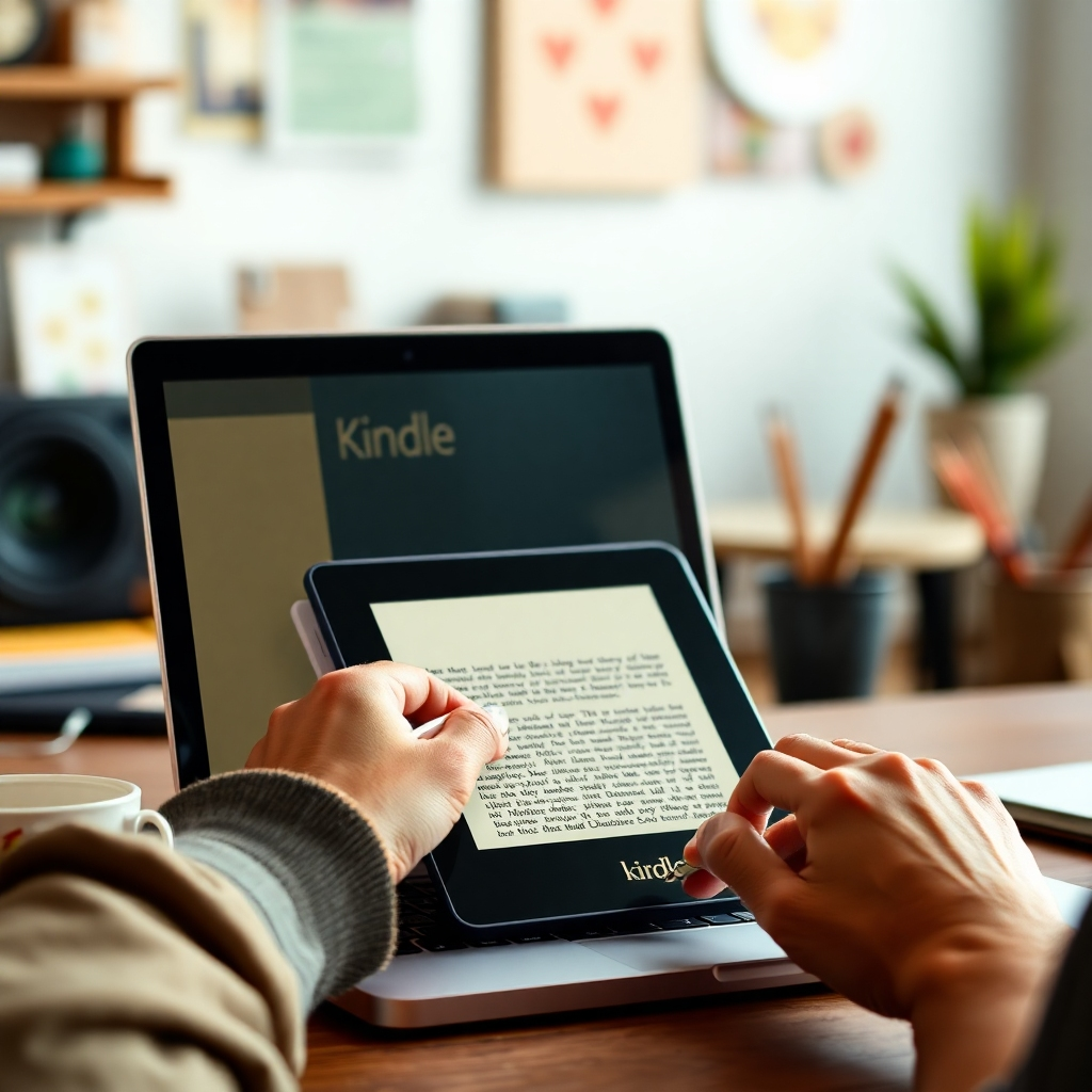 A photorealistic image depicting a person writing on a laptop with a Kindle device open, showcasing a well-designed ebook cover. The background should represent a workspace with a creative vibe. The color palette should be a mix of warm and cool colors, reflecting a balanced and effective workflow. The lighting should be soft and natural. The overall image should convey a sense of creativity and collaboration.
