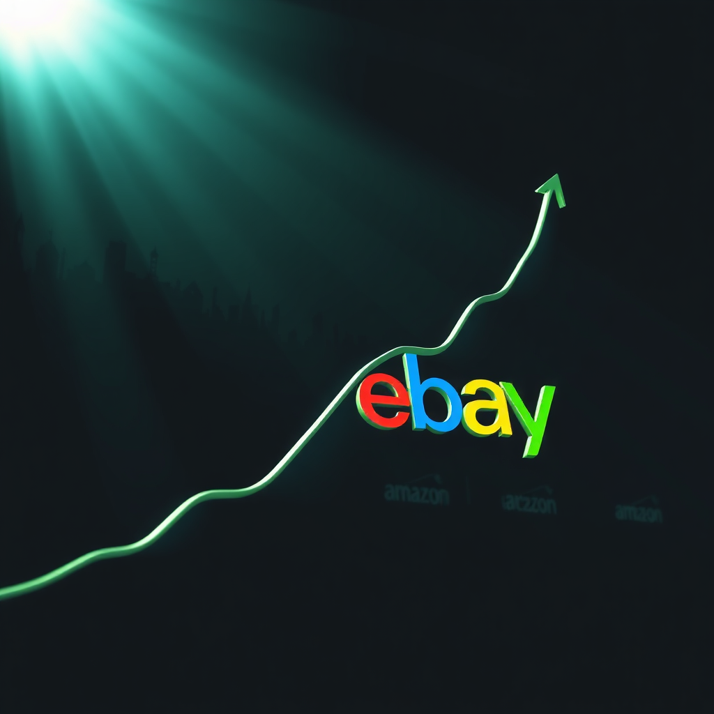 A photorealistic image depicting a graph showing exponential growth, with the Amazon and eBay logos subtly incorporated into the graph's design. The background features a cityscape silhouette, symbolizing business expansion. Lighting should be dramatic, with strong highlights and shadows. The color palette should be bold and energetic, with greens and blues dominating. Camera angle should be low, emphasizing the upward trajectory of the graph. Texture details should emphasize the smooth, clean lines of the graph. Style: Ambitious, motivational, illustrating business growth. 4K resolution, high quality.