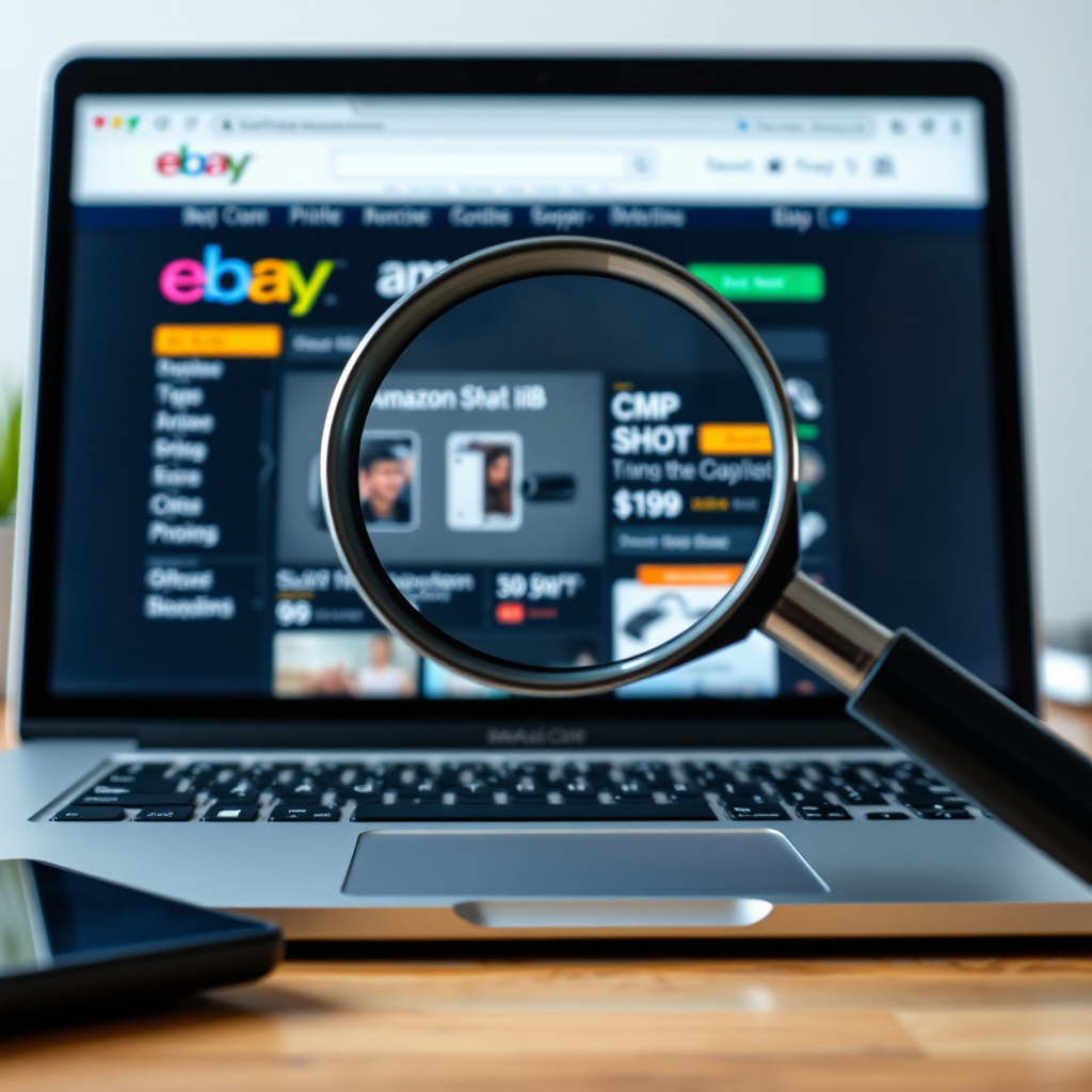 A photorealistic image depicting a magnifying glass hovering over an Amazon product listing on a laptop screen, with the eBay logo subtly visible in the background. The product listing should feature a popular, in-demand item. Lighting should be bright and focused, highlighting the product listing. The color palette should be vibrant, drawing attention to the product. Camera angle should be slightly high, offering a clear view of the laptop screen. Texture details should emphasize the clarity of the screen and the detail of the product image. The environment should be a clean, modern workspace. Style: Analytical, professional, illustrating the process of product discovery. 4K resolution, high quality.