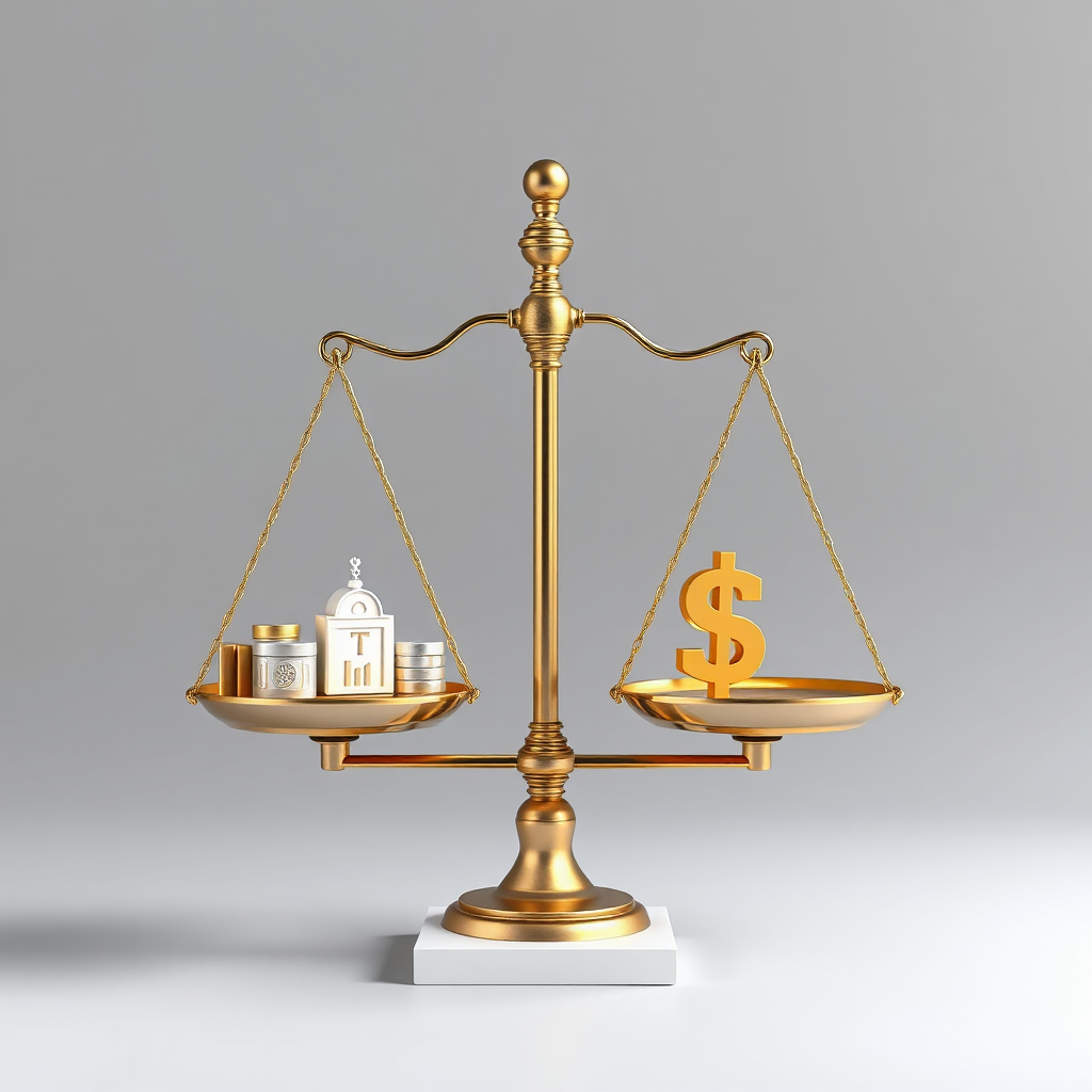 A photorealistic image depicting a set of balanced scales, with digital product icons on one side and currency symbols on the other. The background should be a neutral color, drawing attention to the balance between value and price. The color palette should be professional and trustworthy, using shades of gold, silver, and gray. The lighting should be soft and even. 4K resolution, high quality.
