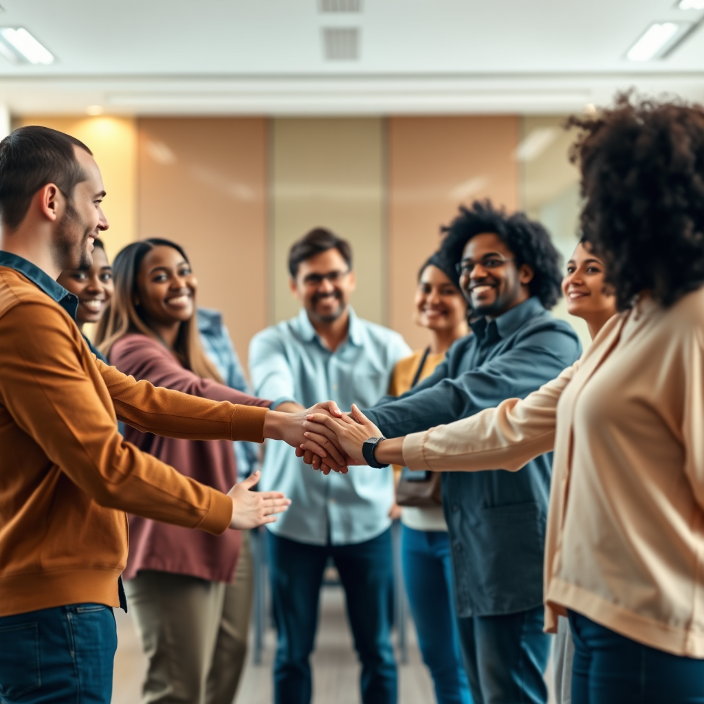 A photorealistic image depicting a diverse group of people standing in a circle, holding hands, and smiling at each other. The background should be a blurred image of a conference room. The color palette should be warm and inviting. The lighting should be soft and natural. Style references: Stock photo of teamwork, positive and inclusive. Technical specs: 4K resolution, high-quality rendering.