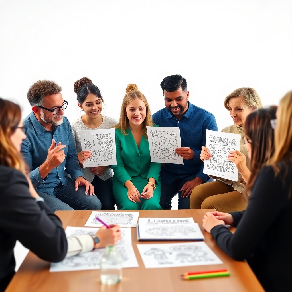 A photorealistic image depicting a focus group session with diverse participants providing feedback on various coloring book designs and concepts. The lighting should be even and bright, capturing participants' expressions. High-quality image, 4K resolution. Style: Professional market research setting.