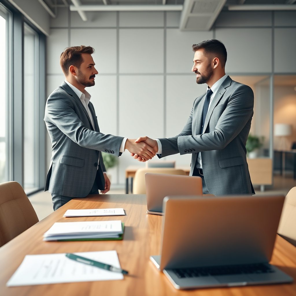 A photorealistic image depicting a professional negotiation scene in a modern office setting. Two individuals are shaking hands over a table with documents and laptops. The lighting should be bright and professional. The camera angle should be slightly angled to capture both parties. Style references: Business stock photo, modern office aesthetic. Technical specs: 4K resolution, high-quality rendering.