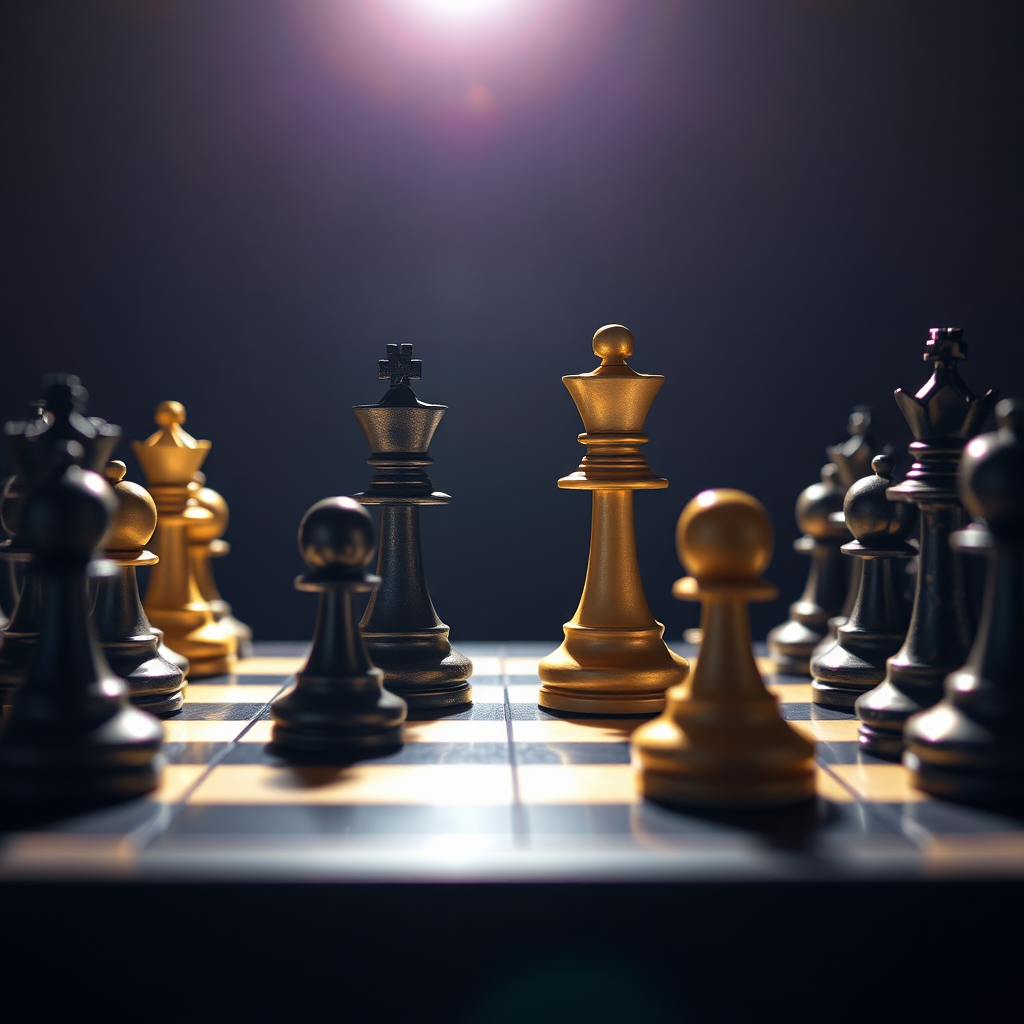 A photorealistic image of a chessboard with one side (representing the client) strategically positioned for victory. The other side (representing competitors) is in disarray. The lighting is dramatic, highlighting the winning position. Style reference: strategic game photography, dramatic lighting. Technical specs: 4K resolution, high quality.