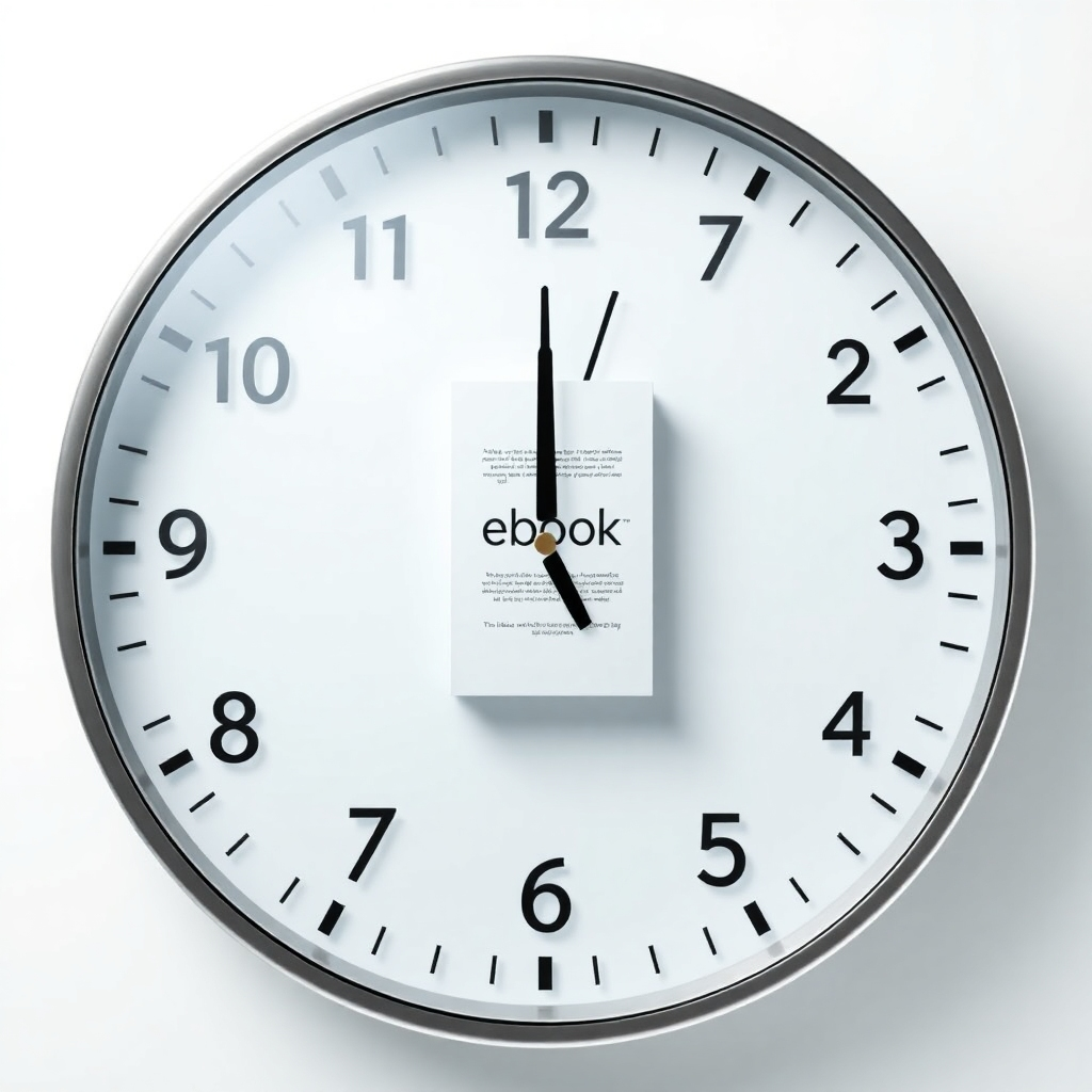 A photorealistic image of a clock showing 7 days, with an ebook in the center, to emphasize the time-bound aspect. The background should be clean and professional. The color palette should be sleek and modern. The lighting should be bright and well-balanced. The overall image should be straightforward and informative.