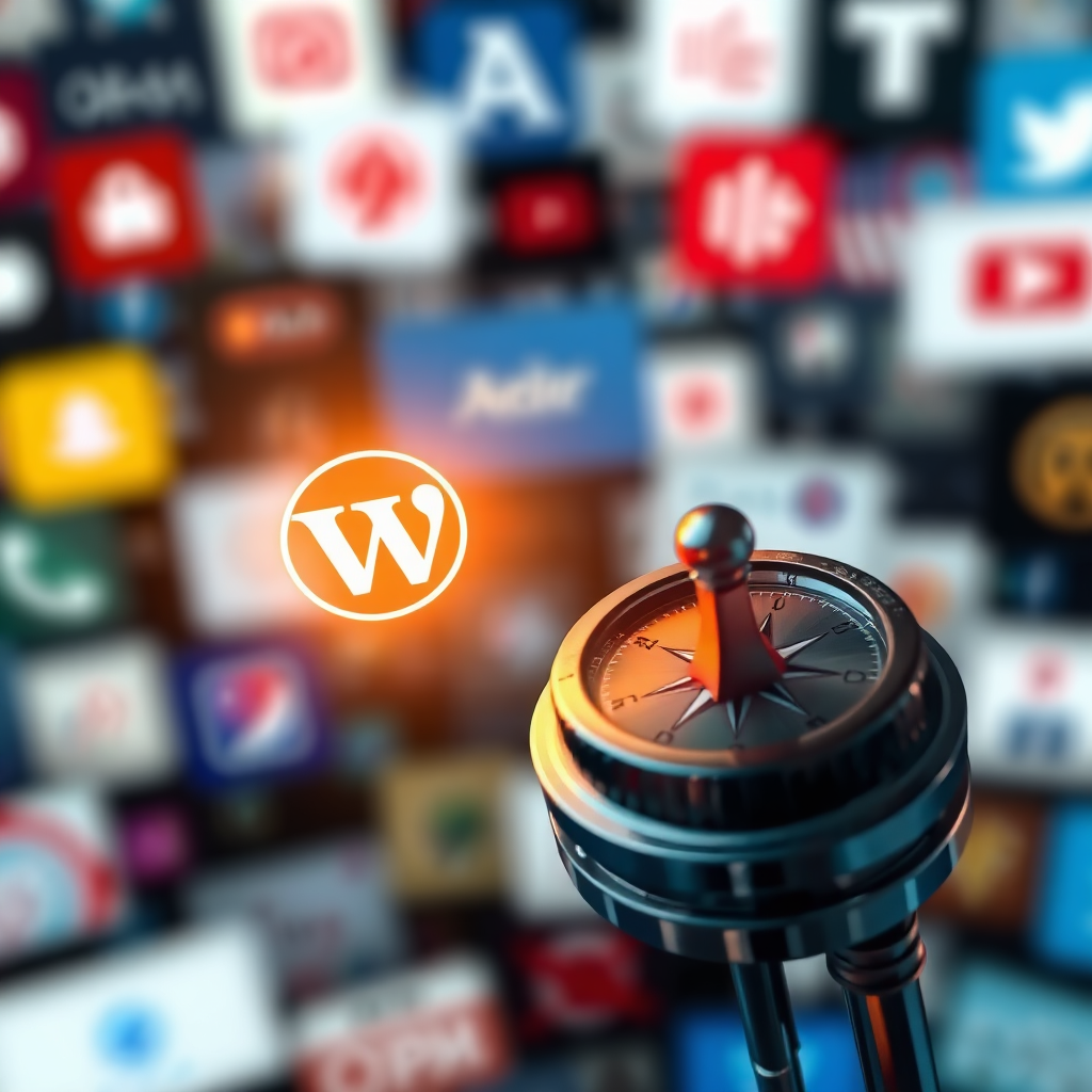 A photorealistic image of a compass pointing towards a glowing website icon amidst a crowded digital space. The website icon should be vibrant and eye-catching, representing a valuable online resource. The compass should be intricately designed, symbolizing guidance and direction. The background should be a blurred representation of various online platforms, highlighting the importance of focus. Lighting should be selective, drawing attention to the compass and website icon. Style: Modern and clean, with a focus on clarity and precision.