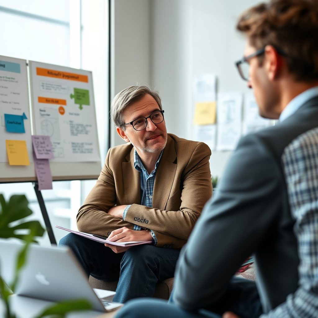 A photorealistic image of a coach and client engaged in a focused discussion, surrounded by strategy boards and resources. The setting is a modern office space, and the atmosphere conveys professionalism and personalized attention. Capture the collaborative spirit of the coaching session with natural lighting and clear focus. High quality, 4K resolution.