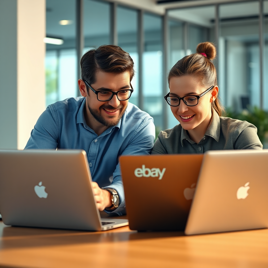 A photorealistic image of a coach mentoring a student, both working on laptops displaying Amazon and eBay platforms. Lighting is warm and inviting, emphasizing the collaborative environment. Color palette: Professional, with blues and greens. Camera angle: Eye-level, showcasing interaction. Texture details: Focus on facial expressions, laptop screens. Environment: Modern office. Style: Mentor-mentee relationship. 4K resolution, high quality.