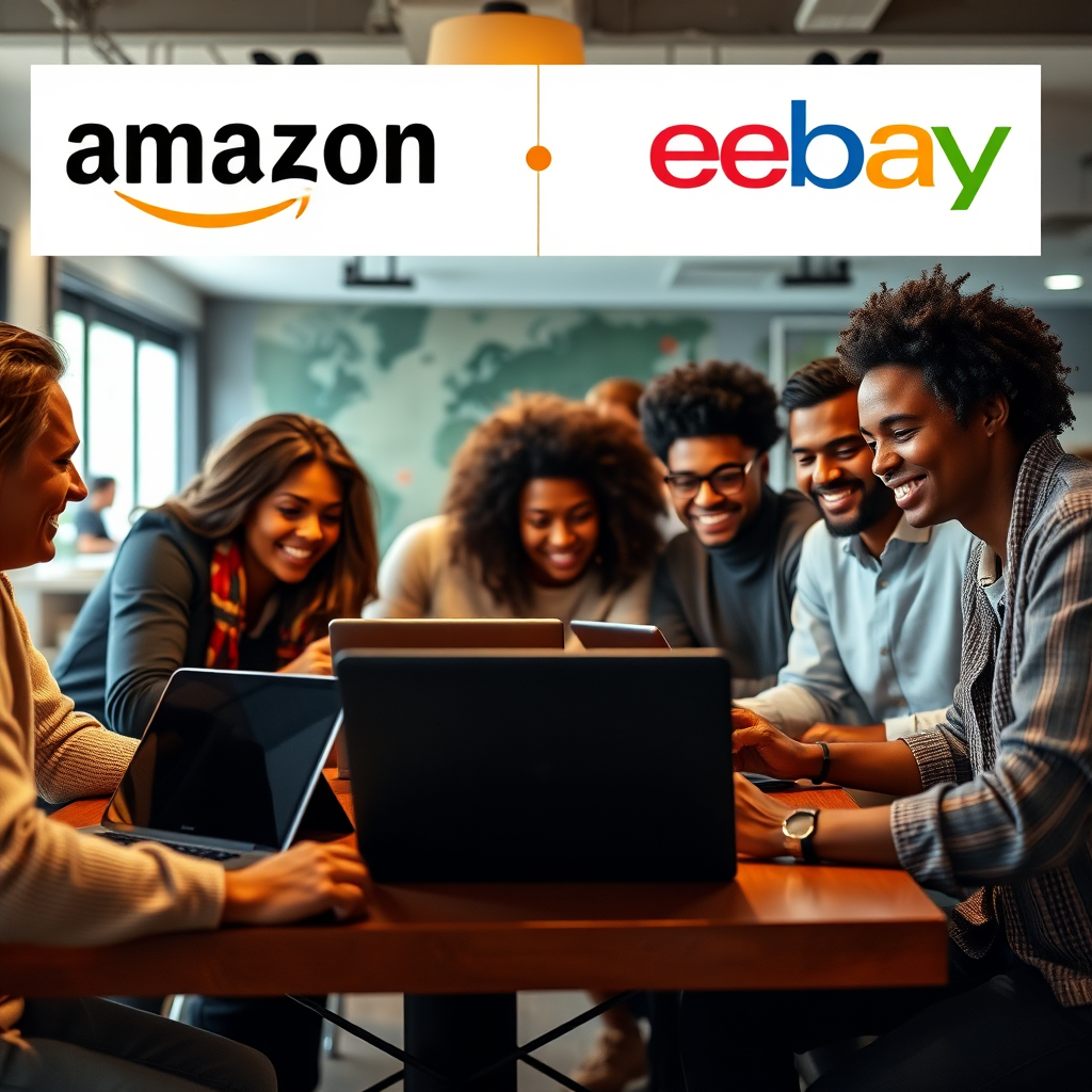 A photorealistic image of a diverse group of people gathered around a table, collaborating on laptops and tablets. The Amazon and eBay logos are subtly incorporated into the environment, suggesting a dropshipping focus. Lighting should be warm and inviting, creating a sense of community. The color palette should be vibrant and diverse, reflecting the diversity of the group. Camera angle should be eye-level, capturing the interactions between the people. Texture details should emphasize the human element, with smiles and engaged expressions. The environment should be a modern co-working space. Style: Collaborative, supportive, illustrating community engagement. 4K resolution, high quality.