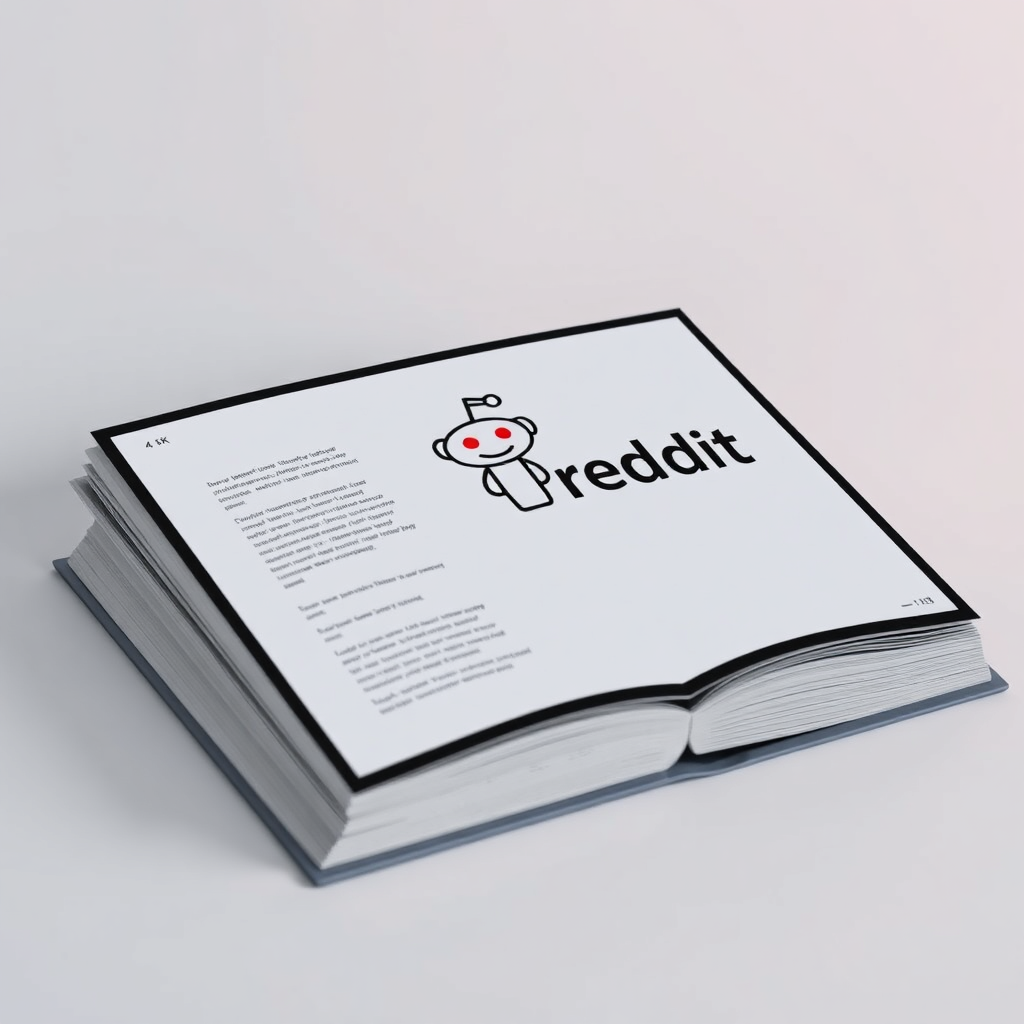 A photorealistic image of a digital textbook open with a learning interface. The textbook displays the Reddit logo. Style should be minimalist and modern, 4K resolution.