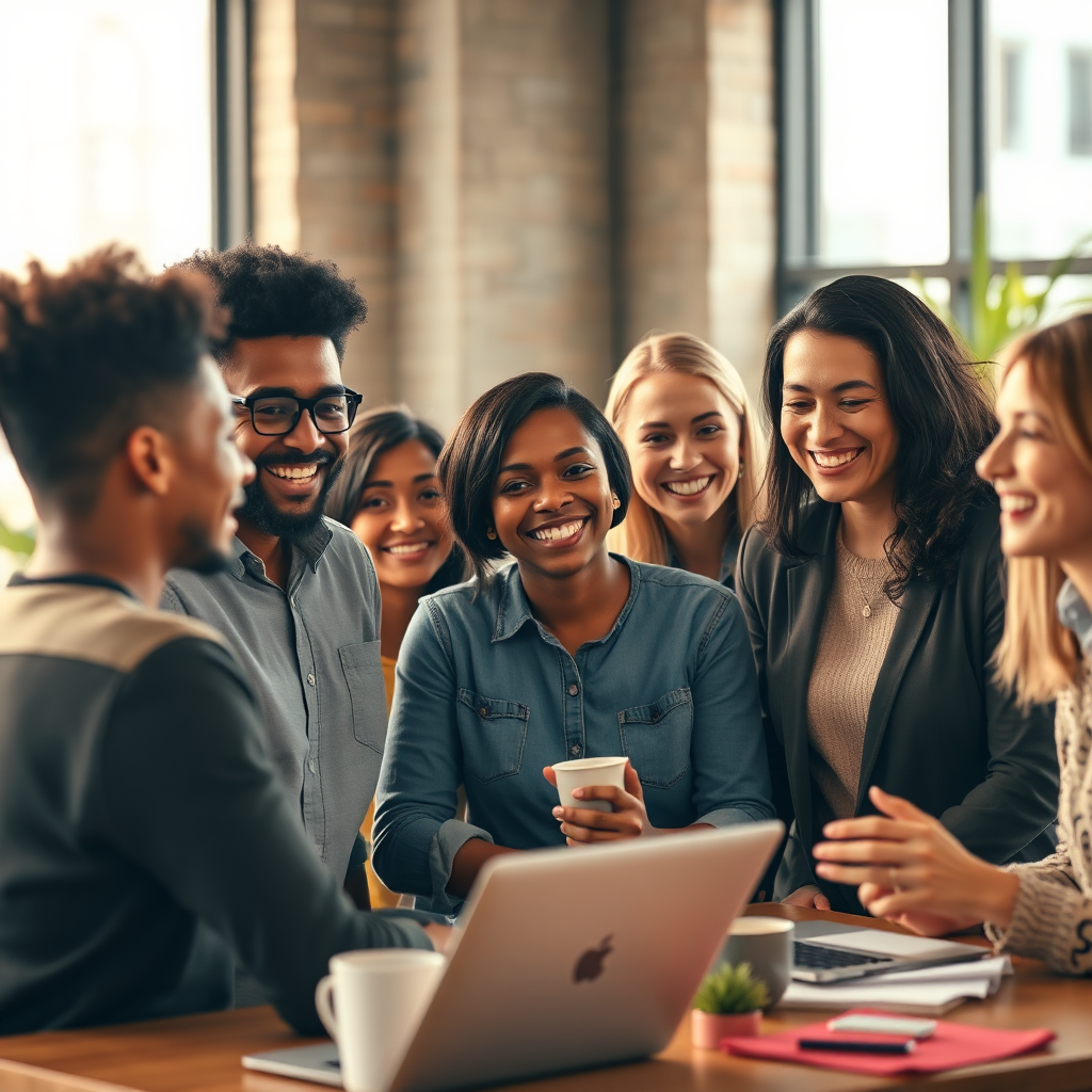 A photorealistic image of a diverse group of people collaborating and supporting each other in a co-working space. Capture a sense of community and encouragement, highlighting the power of shared goals. Warm lighting and genuine expressions convey the welcoming nature of the group. The setting should suggest a modern, inclusive environment. High quality, 4K resolution.