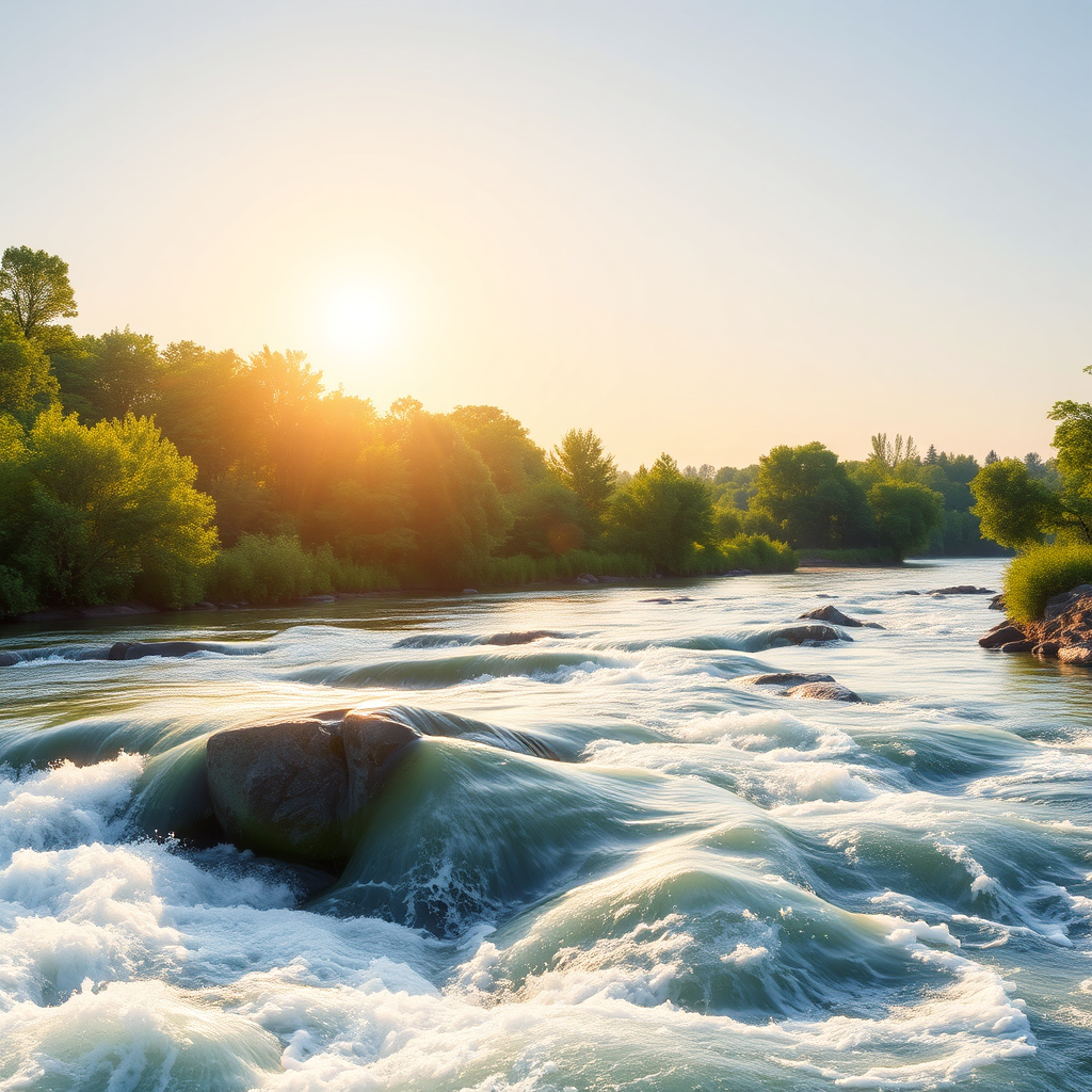 A photorealistic image of a flowing river, symbolizing consistent traffic flow. The river should be clear and vibrant, with lush greenery on the banks. The sun should be shining brightly, creating a sense of optimism and abundance. The overall composition should convey a sense of tranquility and steady progress. Style: Naturalistic and serene.