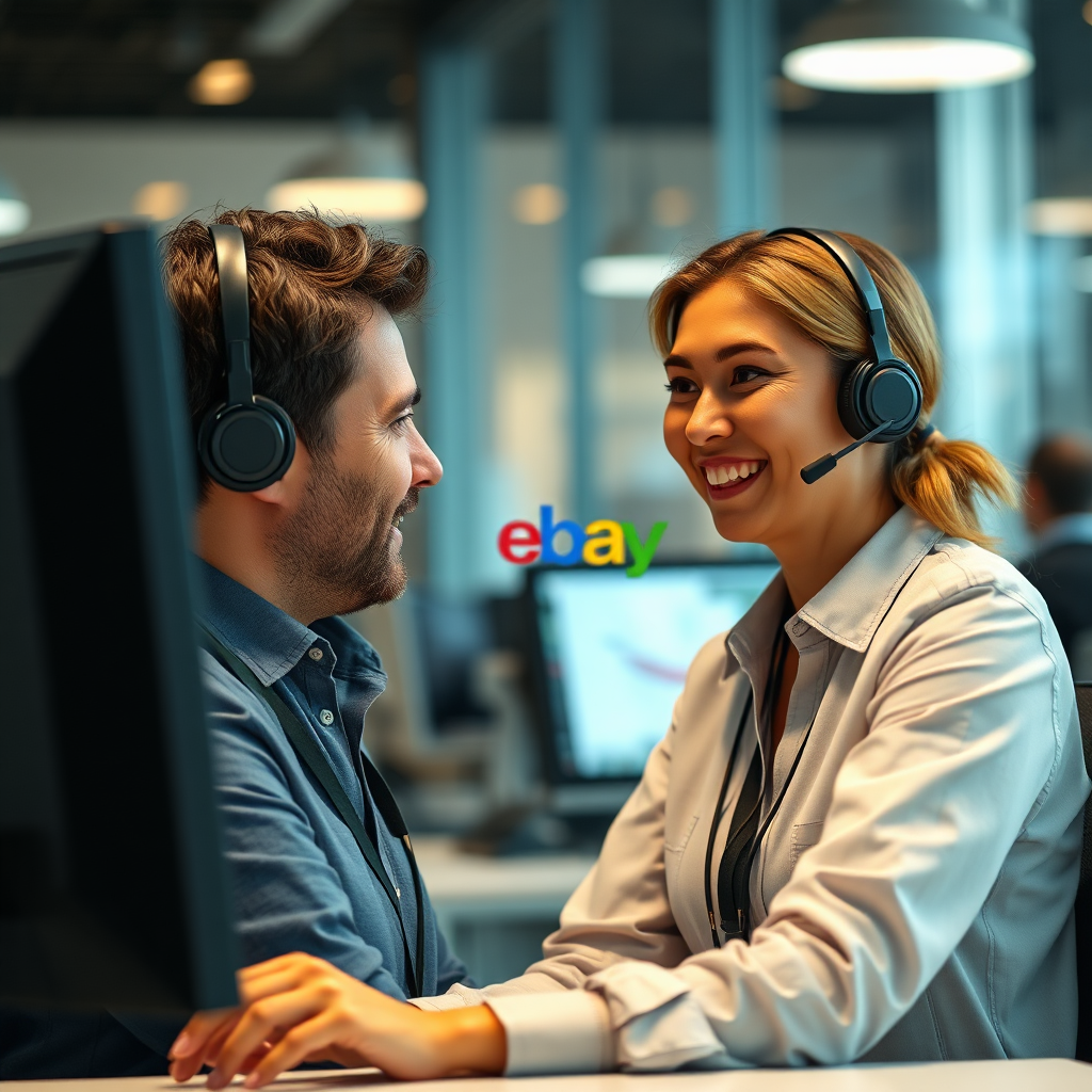 A photorealistic image of a friendly customer service representative assisting a customer through an online chat interface. The Amazon and eBay logos are subtly incorporated into the interface design. Lighting should be warm and inviting, creating a positive customer experience. The color palette should be friendly and approachable, with blues and greens dominating. Camera angle should be slightly high, offering a clear view of the screen and the representative's expression. Texture details should emphasize the human element, with smiles and attentive gestures. The environment should be a modern customer service center. Style: Empathetic, helpful, illustrating customer service excellence. 4K resolution, high quality.