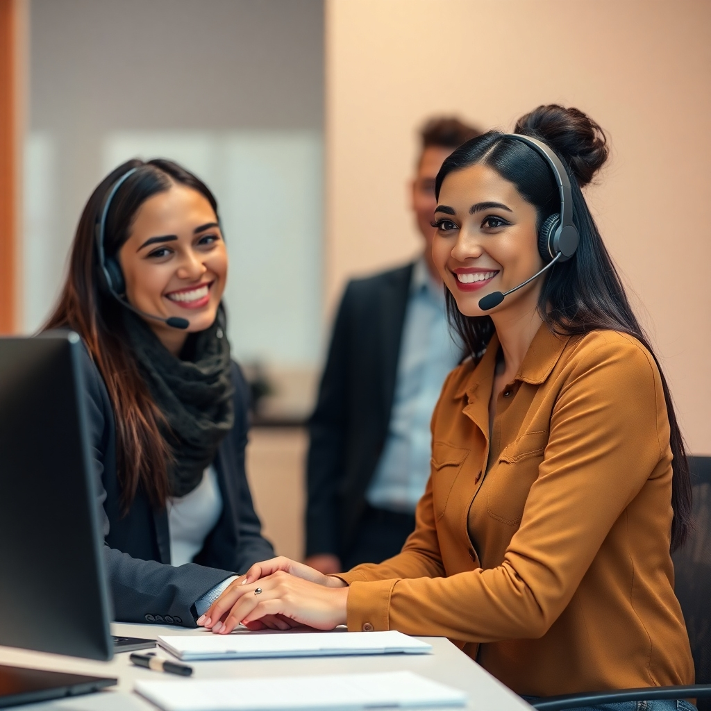 A photorealistic image of a friendly support team assisting a customer. The background should be clean and professional. The lighting should be warm and inviting. The color palette should be subtle and professional. The image should offer a sense of trust, security and support.