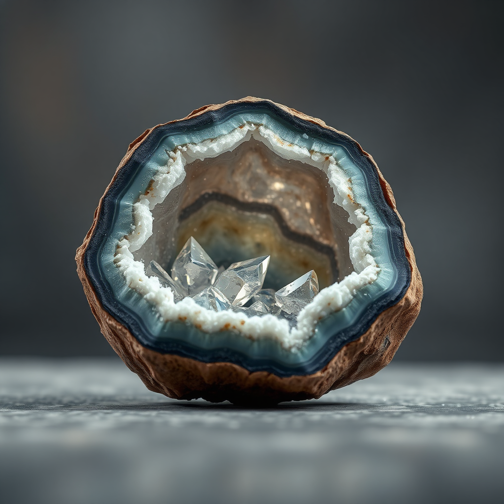 A photorealistic image of a geode cracked open to reveal sparkling crystals inside. The geode symbolizes hidden potential waiting to be unlocked. The image represents the transformation of struggles into beauty and value. Style reference: mineral photography, macro detail. Technical specs: 4K resolution, high quality.