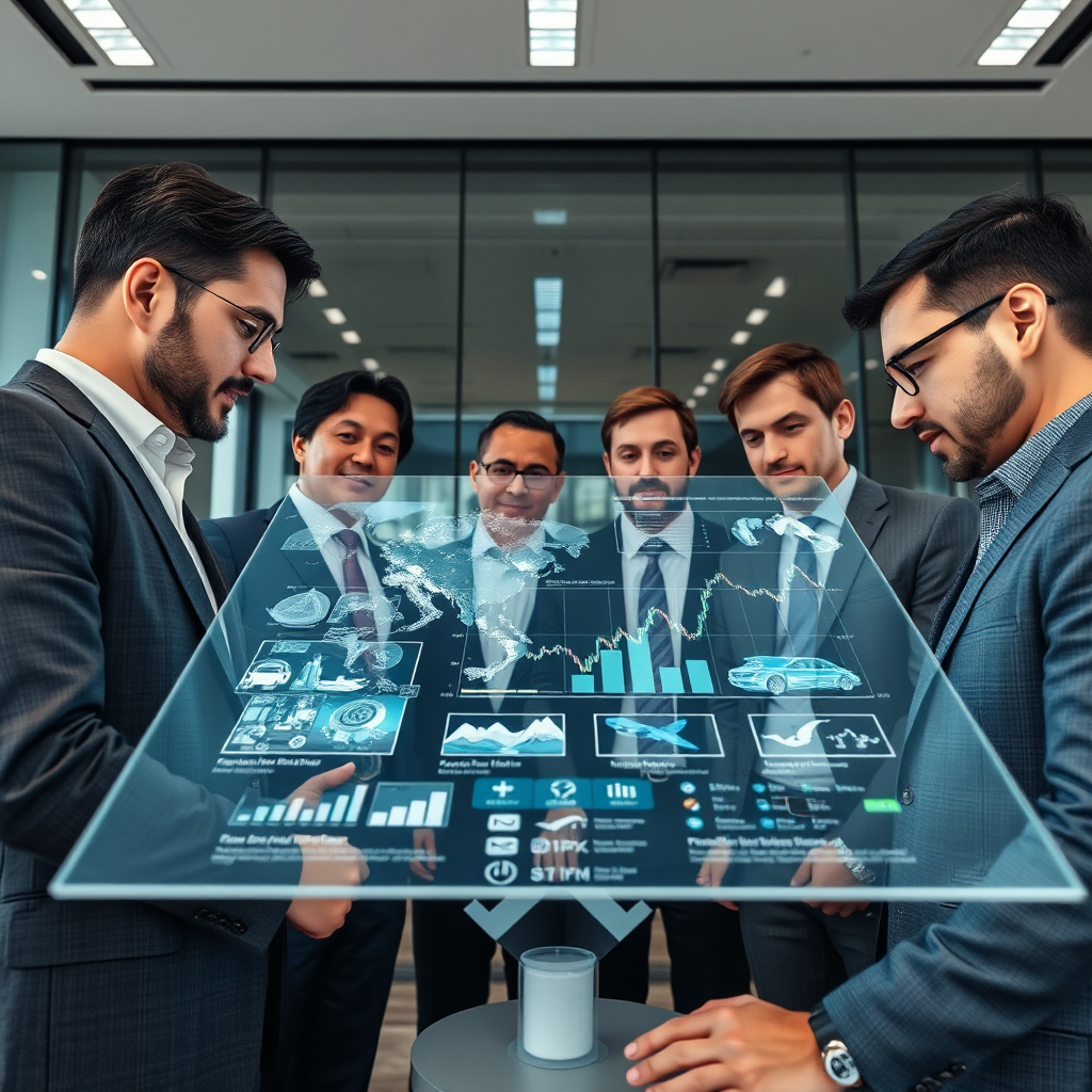 A photorealistic image of a group of investors gathered around a holographic display, analyzing AI-generated artwork and market trends. The scene is set in a modern, high-tech office. Camera angle is low angle, showing confidence. Color palette is professional, neutral tones. 4K resolution, high quality.