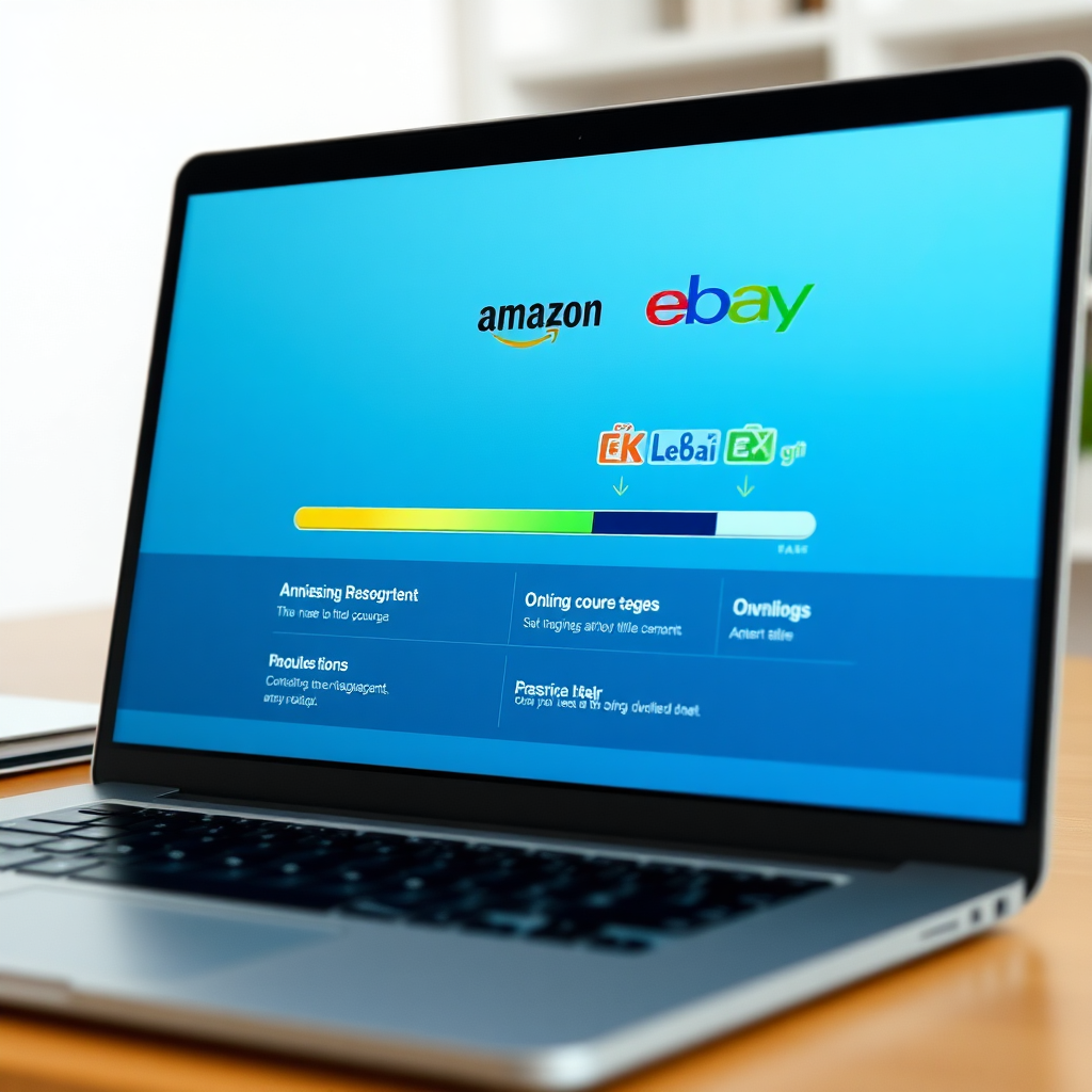 A photorealistic image of a laptop screen displaying an online course interface, with a progress bar indicating completion and various module titles visible. The Amazon and eBay logos are subtly incorporated into the course design. Lighting should be soft and inviting, creating a comfortable learning environment. The color palette should be calm and professional, with blues and greens dominating. Camera angle should be slightly high, offering a clear view of the laptop screen. Texture details should emphasize the clarity of the screen and the organized layout of the course interface. The environment should be a clean, modern workspace. Style: Educational, structured, illustrating the learning process. 4K resolution, high quality.