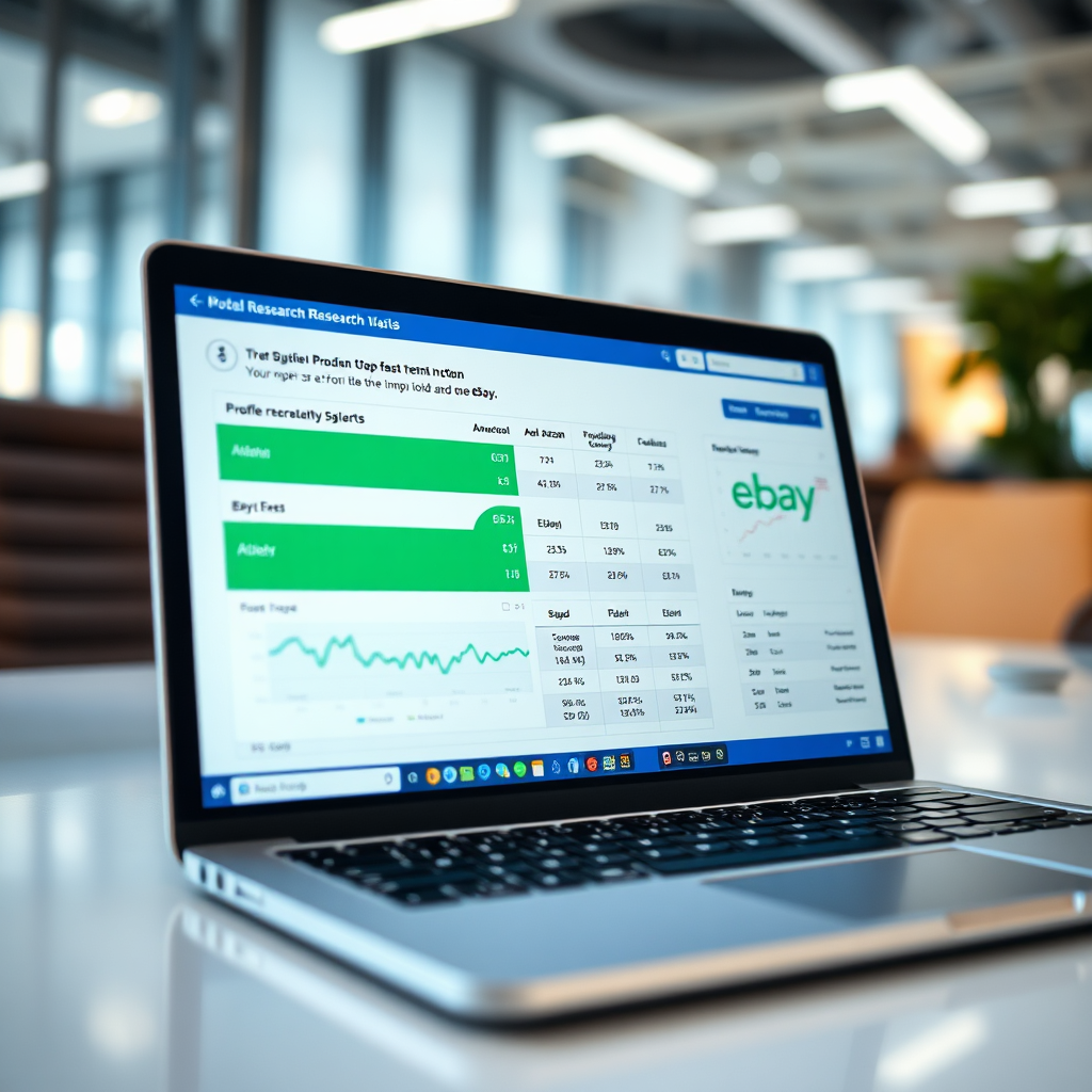 A photorealistic image of a laptop screen displaying product research data, highlighting profitable items from Amazon being sold on eBay. Lighting: Focused and bright, emphasizing the data. Color palette: Analytical, with greens and blues. Camera angle: Top-down on the laptop screen. Texture details: Focus on the clarity of the screen and the detail of the data. Environment: Modern office. Style: Data-driven insights. 4K resolution, high quality.