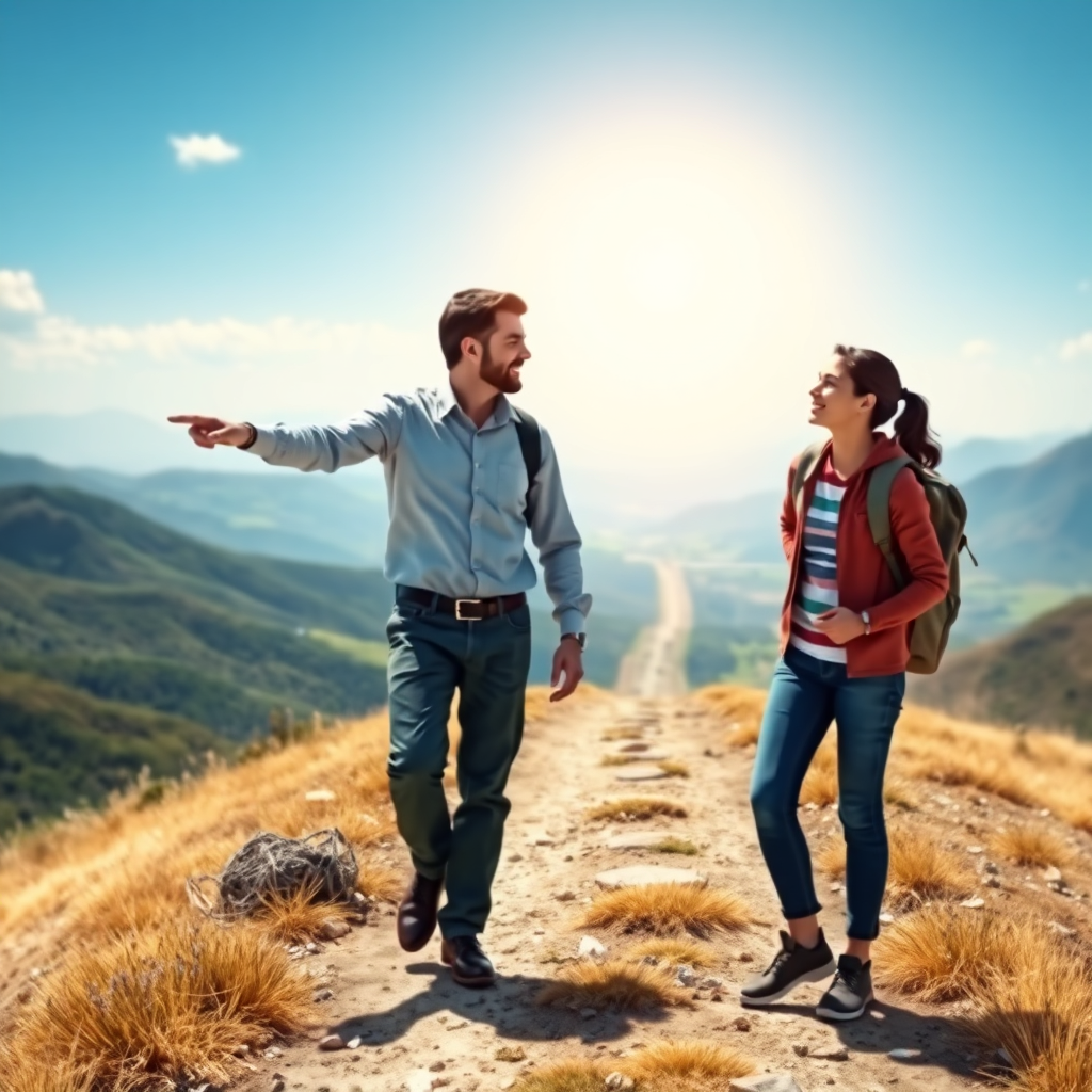 A photorealistic image of a mentor guiding a student through a digital landscape. The mentor should be pointing towards a clear path, while the student is looking ahead with confidence. The landscape should be vibrant and inviting, symbolizing the potential for success. Style: Inspiring and encouraging.