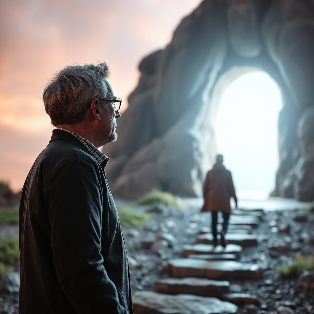A photorealistic image of a mentor guiding a mentee towards the future, represented as a portal. The mentor and mentee are looking directly at the light. Camera angle is a profile shot. Colors are warm and inviting. 4K resolution, high quality.