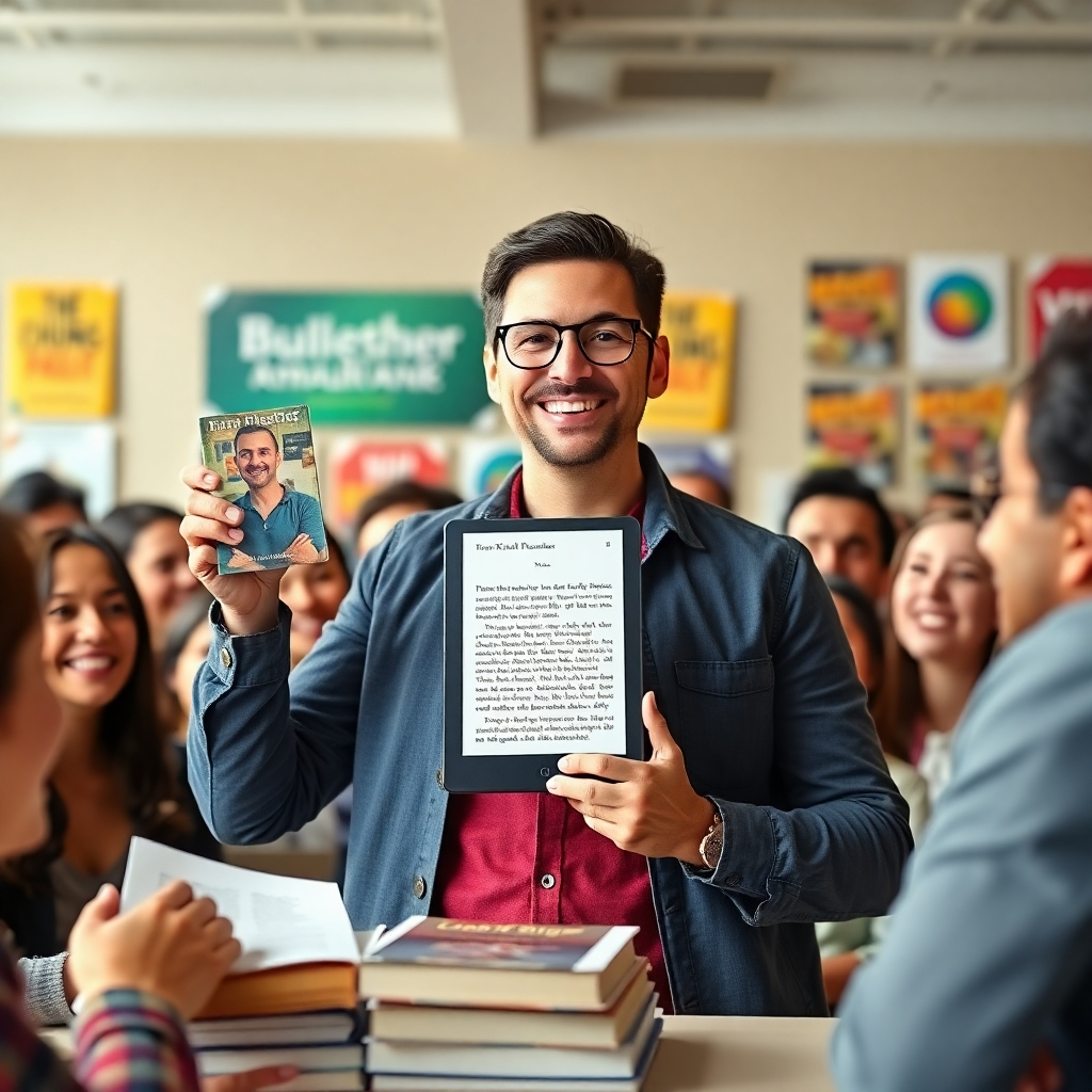 A photorealistic image of a person confidently presenting their Kindle book to a crowd of happy customers. The background could include marketing materials. The color palette should be vibrant and dynamic. The lighting should be bright and lively. The image should highlight the aspects of confidence and achievement.