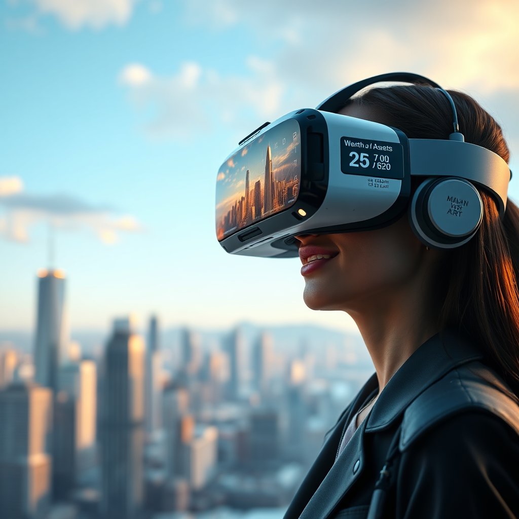A photorealistic image of a person in modern attire viewing a futuristic city skyline through a VR headset. The headset displays information about wealth and assets which are all linked to digital art. The camera angle is medium shot, focusing on the person's face and their expression of excitement. Color palette is futuristic and high tech. 4K resolution, high quality.