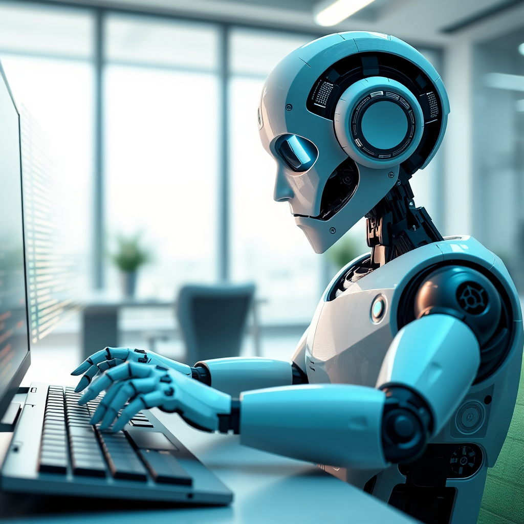 A photorealistic image of a robot typing on a keyboard, with lines of code appearing on the screen, transforming into well-written articles and blog posts. The robot's expression is focused and intelligent. The background is a modern office setting with soft, diffused lighting. The color palette is clean and professional, with accents of blue and green. 4K resolution, detailed texture.