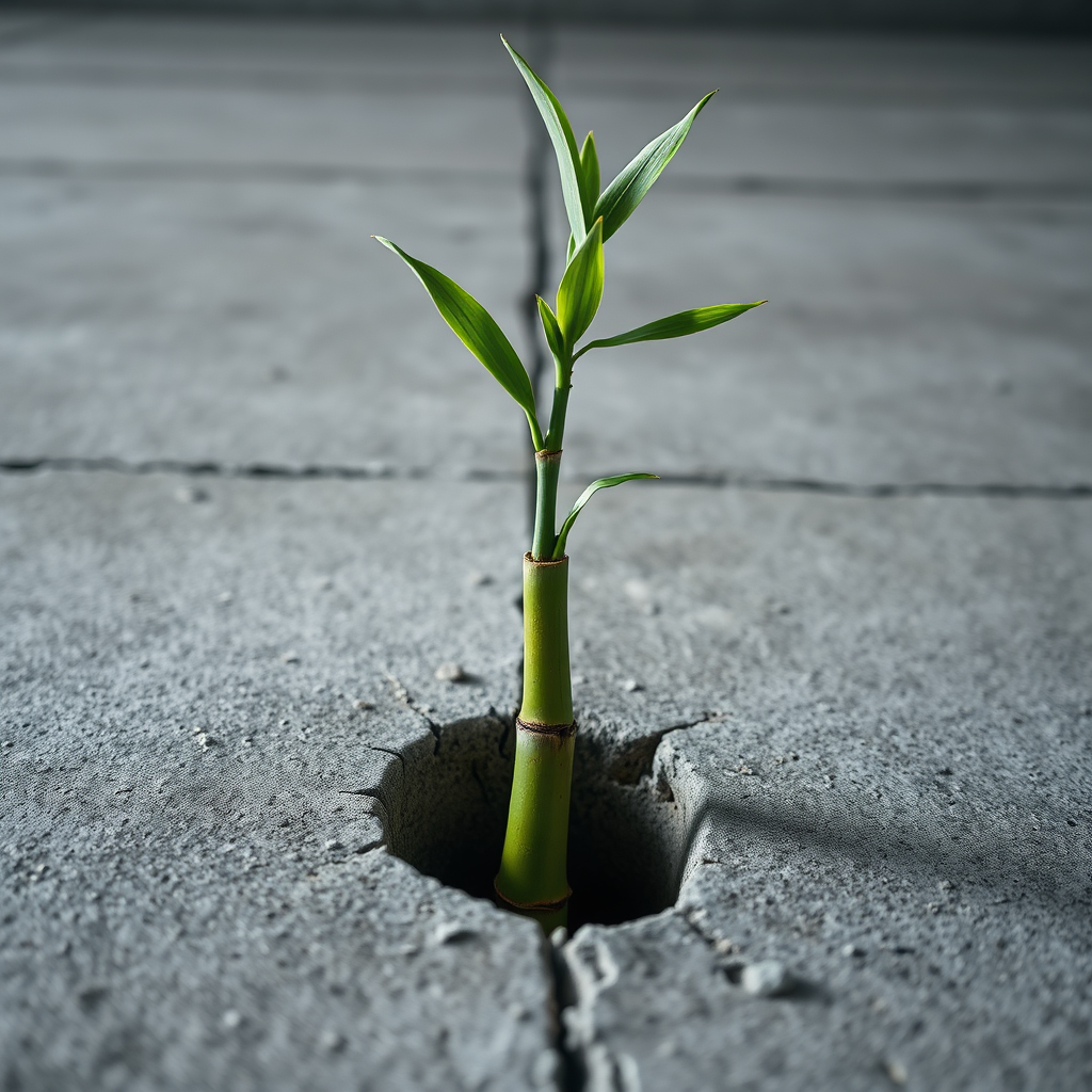 A photorealistic image of a single bamboo stalk pushing through a crack in concrete. The bamboo is vibrant green, contrasting with the gray concrete. The image symbolizes resilience and determination. Lighting is soft and natural. Camera angle: low, emphasizing the bamboo's upward trajectory. Style reference: nature photography, minimalist composition. Technical specs: 4K resolution, high quality.