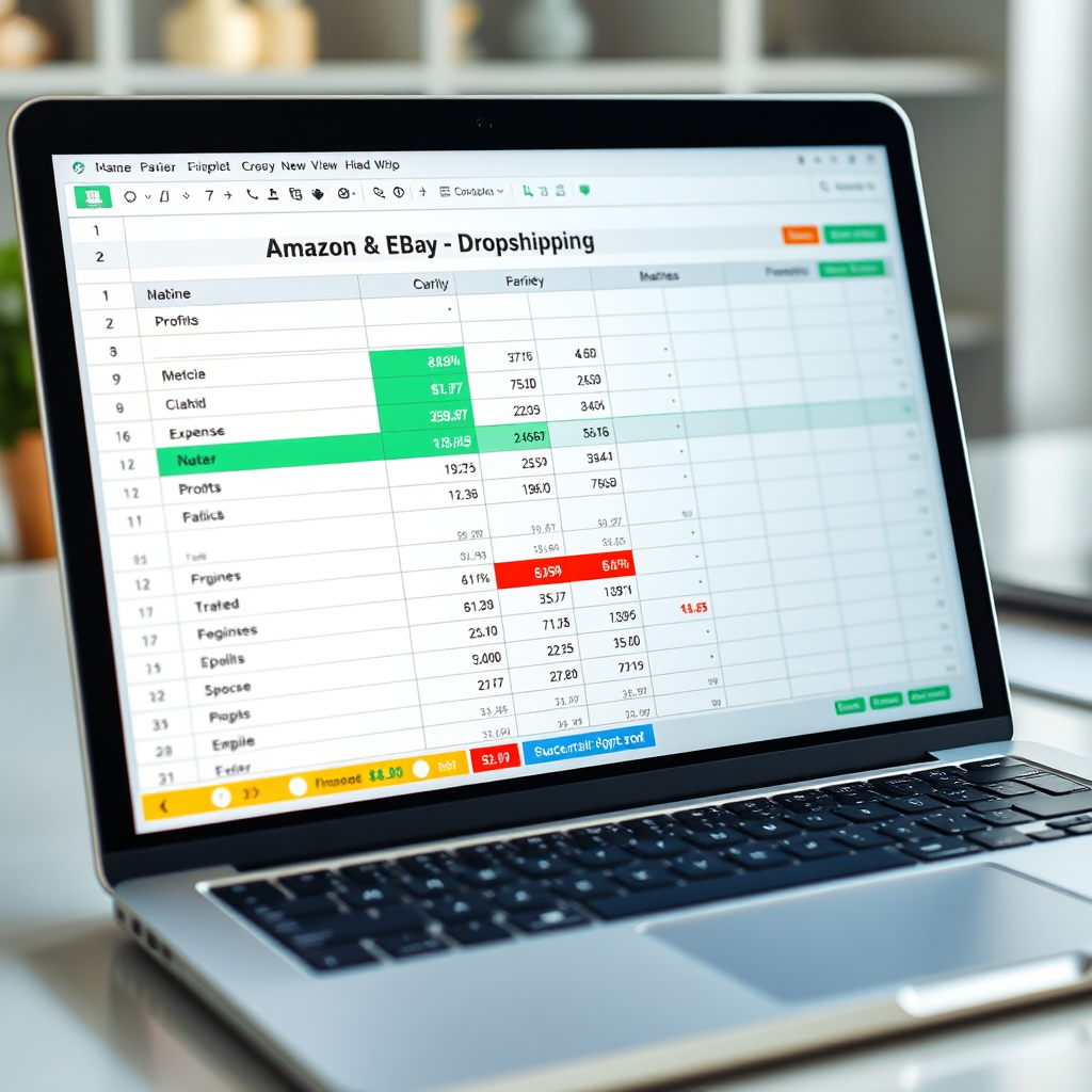 A photorealistic image of a spreadsheet on a laptop screen, displaying financial data and charts related to Amazon and eBay dropshipping. The data should reflect positive profit margins. Lighting should be bright and clear, highlighting the data. The color palette should be professional and organized, with greens indicating profits and reds indicating expenses. Camera angle should be slightly high, offering a clear view of the laptop screen. Texture details should emphasize the clarity of the screen and the detail of the spreadsheet. The environment should be a clean, modern workspace. Style: Analytical, precise, illustrating financial tracking. 4K resolution, high quality.