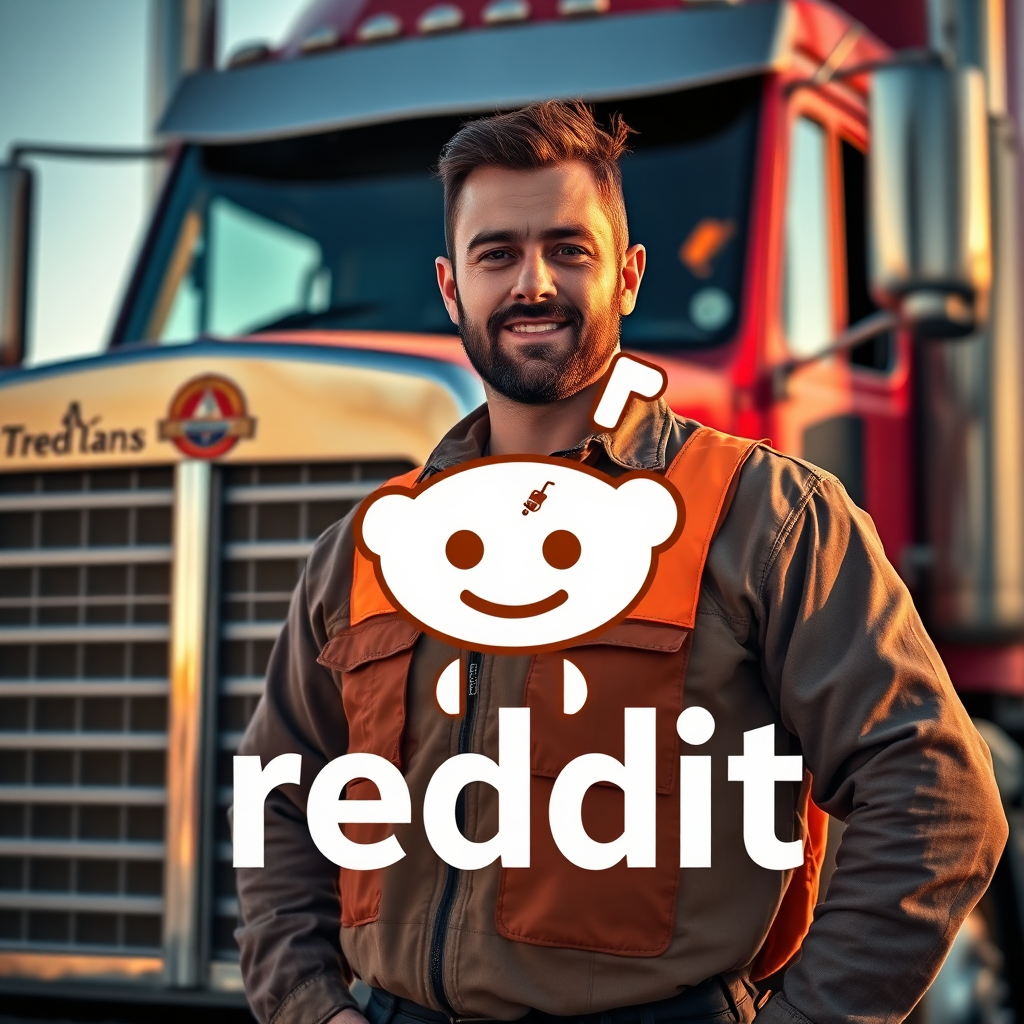 A photorealistic image of a strong, confident truck driver standing proudly in front of their rig, with a subtle overlay of the Reddit logo integrated into the scene. The driver exudes authority and expertise. The lighting is golden hour, creating a sense of warmth and reliability. The background subtly hints at a thriving online community. 4k resolution.